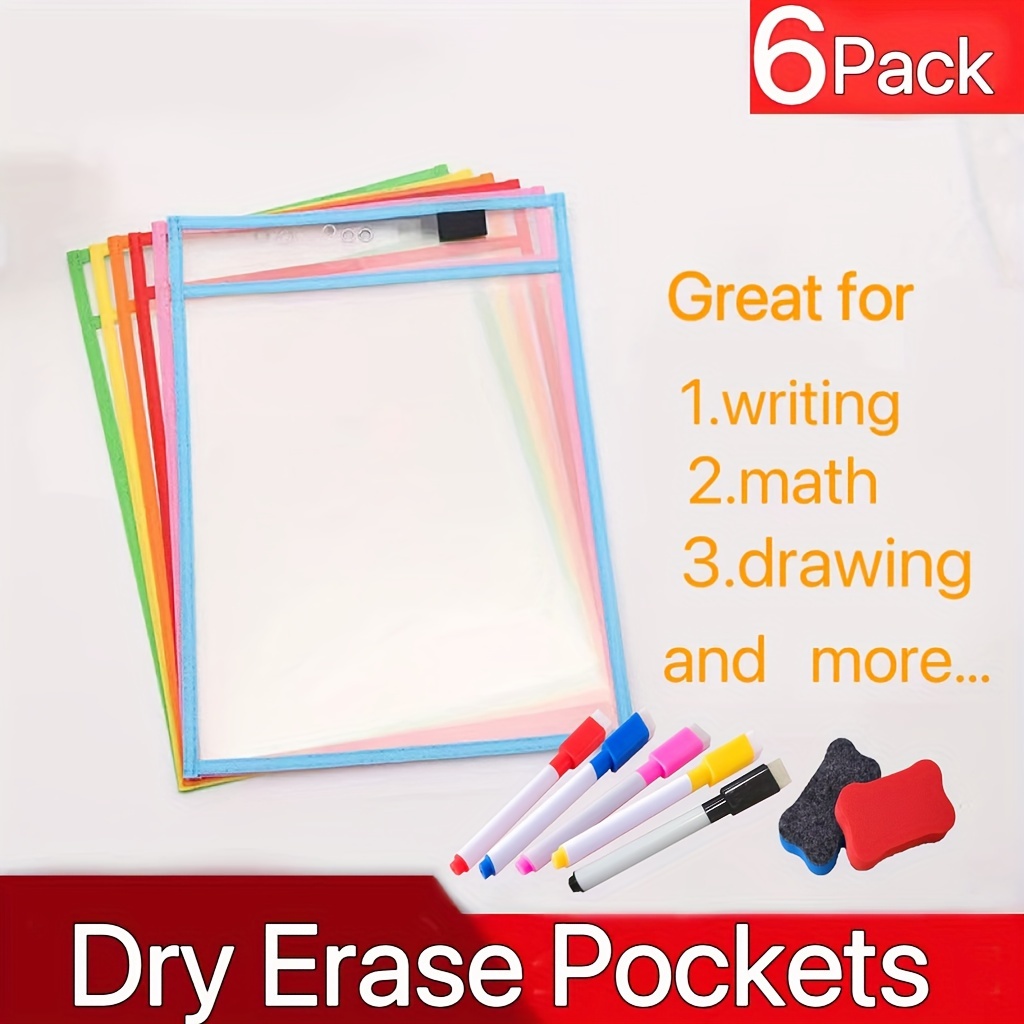 

6pcs/pack Six-color Pvc Dry-erase Bag, Erasable Drawing Bag, A4 Document Bag, Test Paper Storage Bag