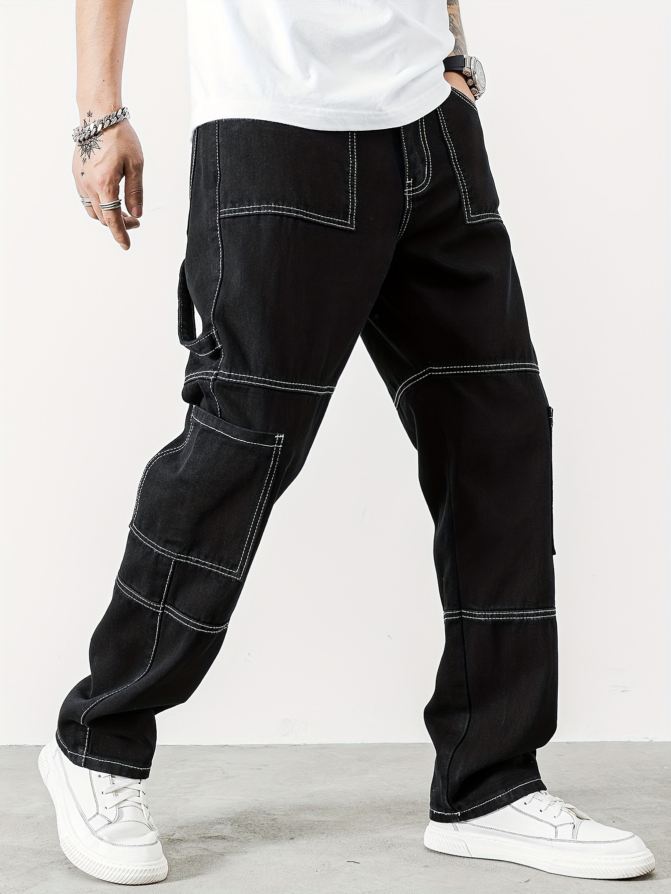 Pocket Men's Straight Leg Cargo Pants, Loose Trendy Outdoor Pants, Mens  Denim Pants