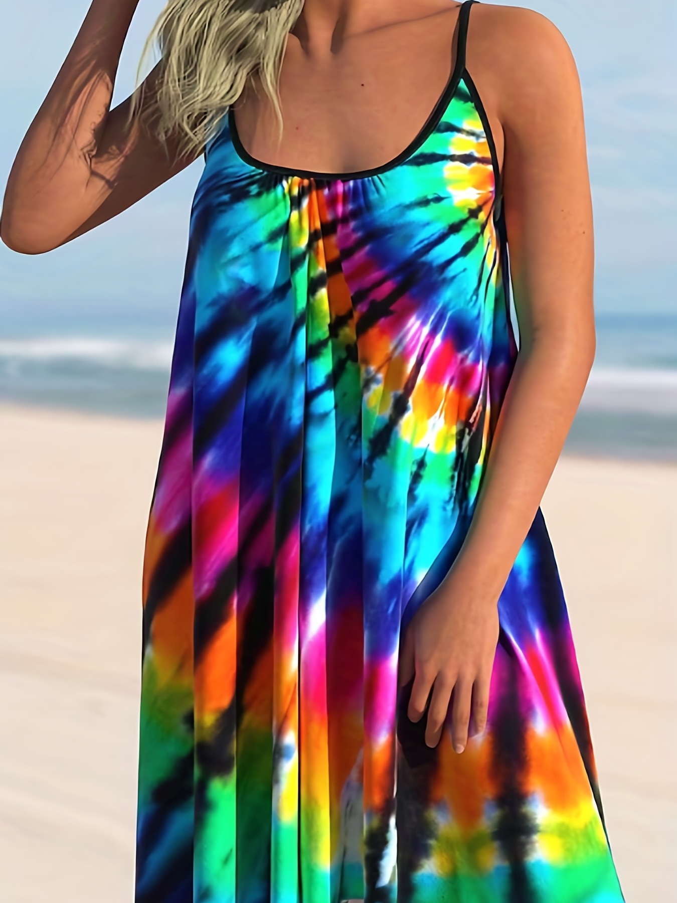 Plus Size Women's Summer Dress | Tie Dye Round Neck High Stretch Cami Dress