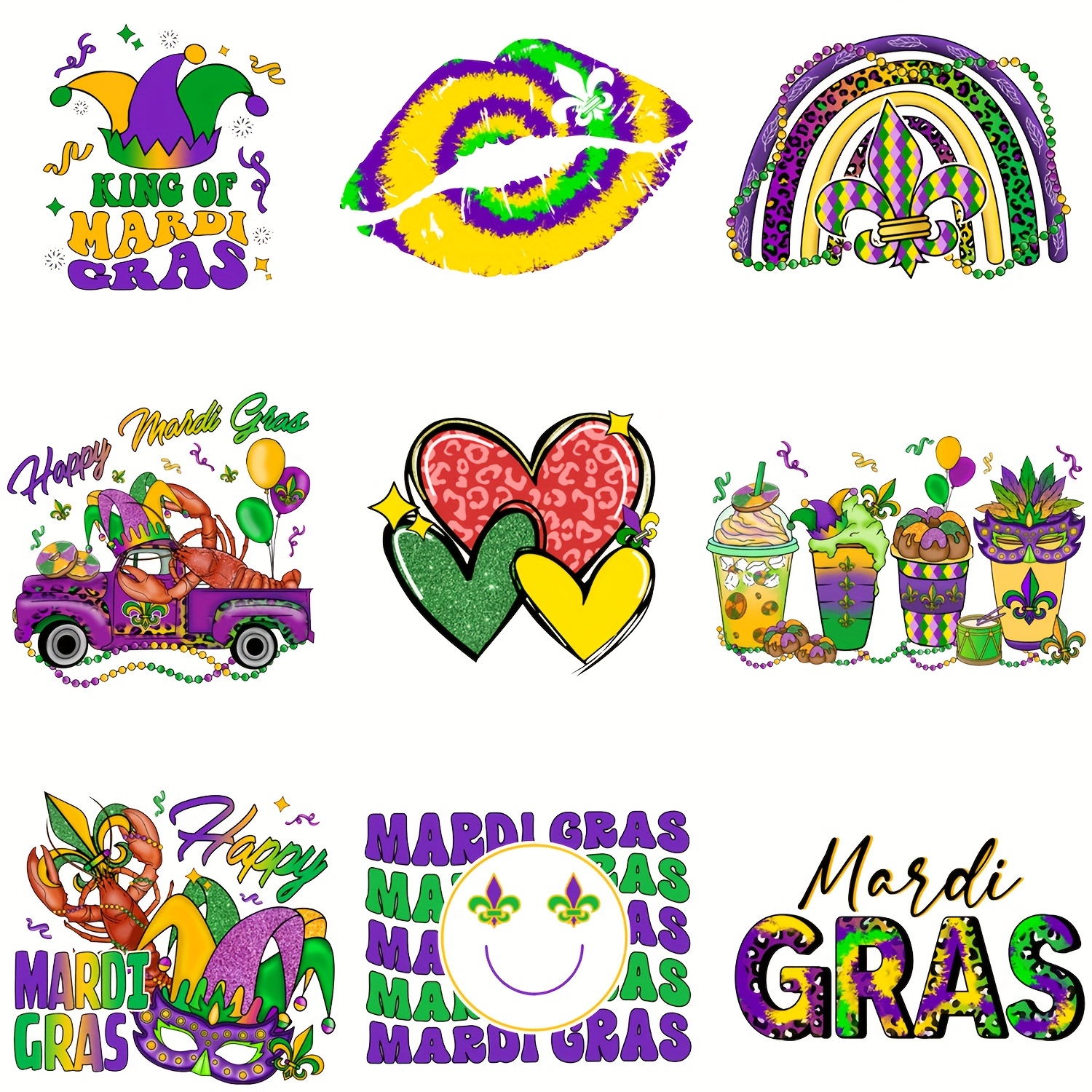 10pcs Mardi Gras Iron On Decals For T-shirts Clothing Carnival