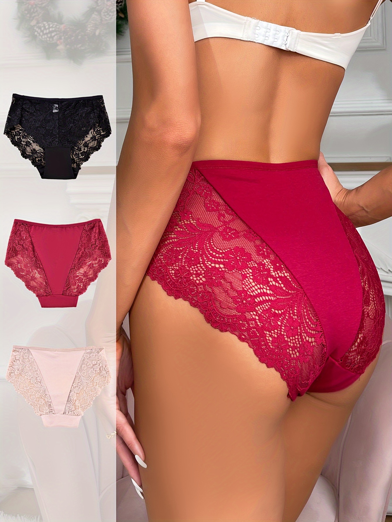 Contrast Lace Briefs Comfy Breathable Stretchy Intimates - Temu