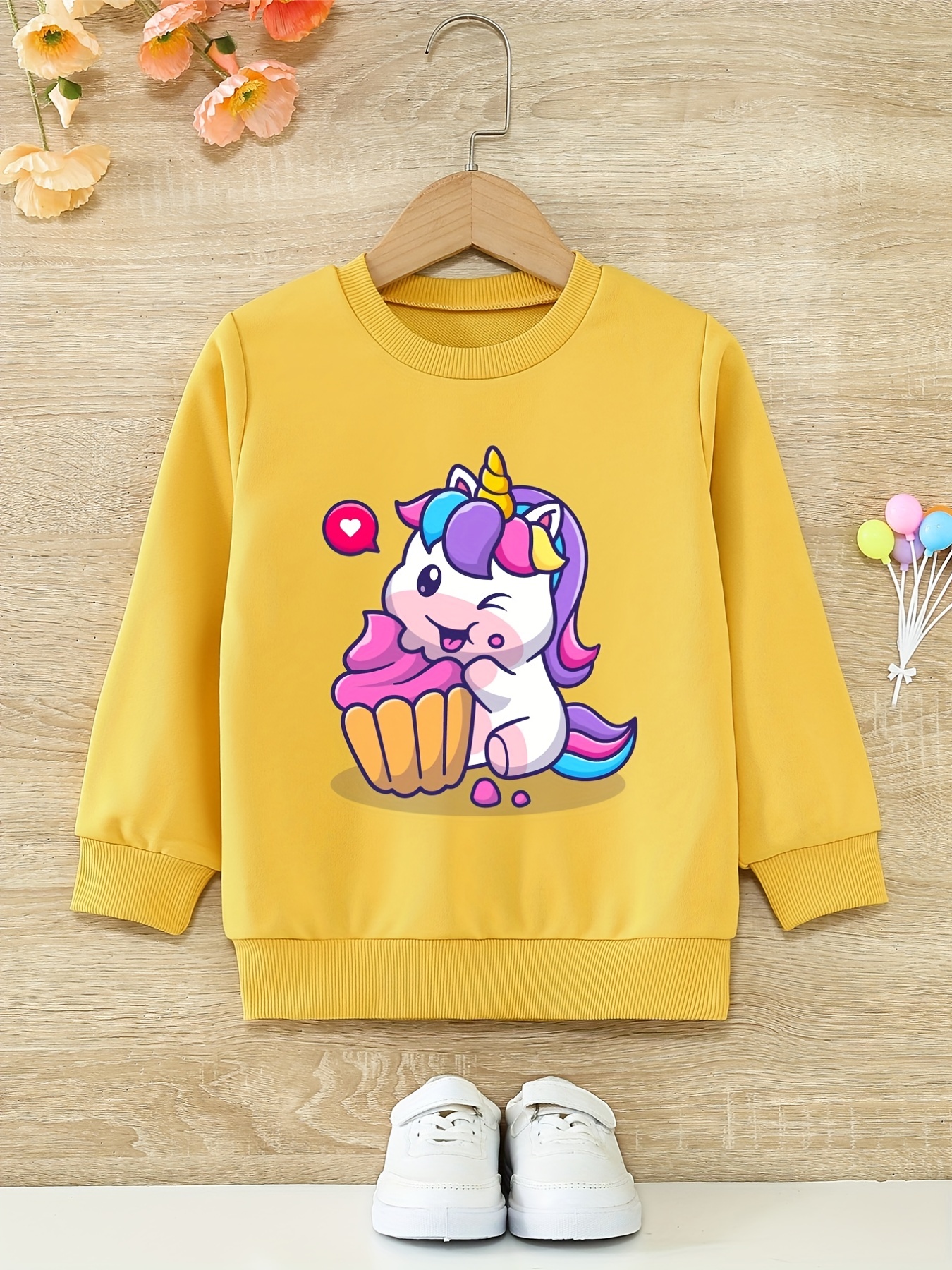 Cute Unicorn & Flower Print Crew Neck Sweatshirt Toddler Girls Long Sleeve  Tops For Party Birthday Gift Fall