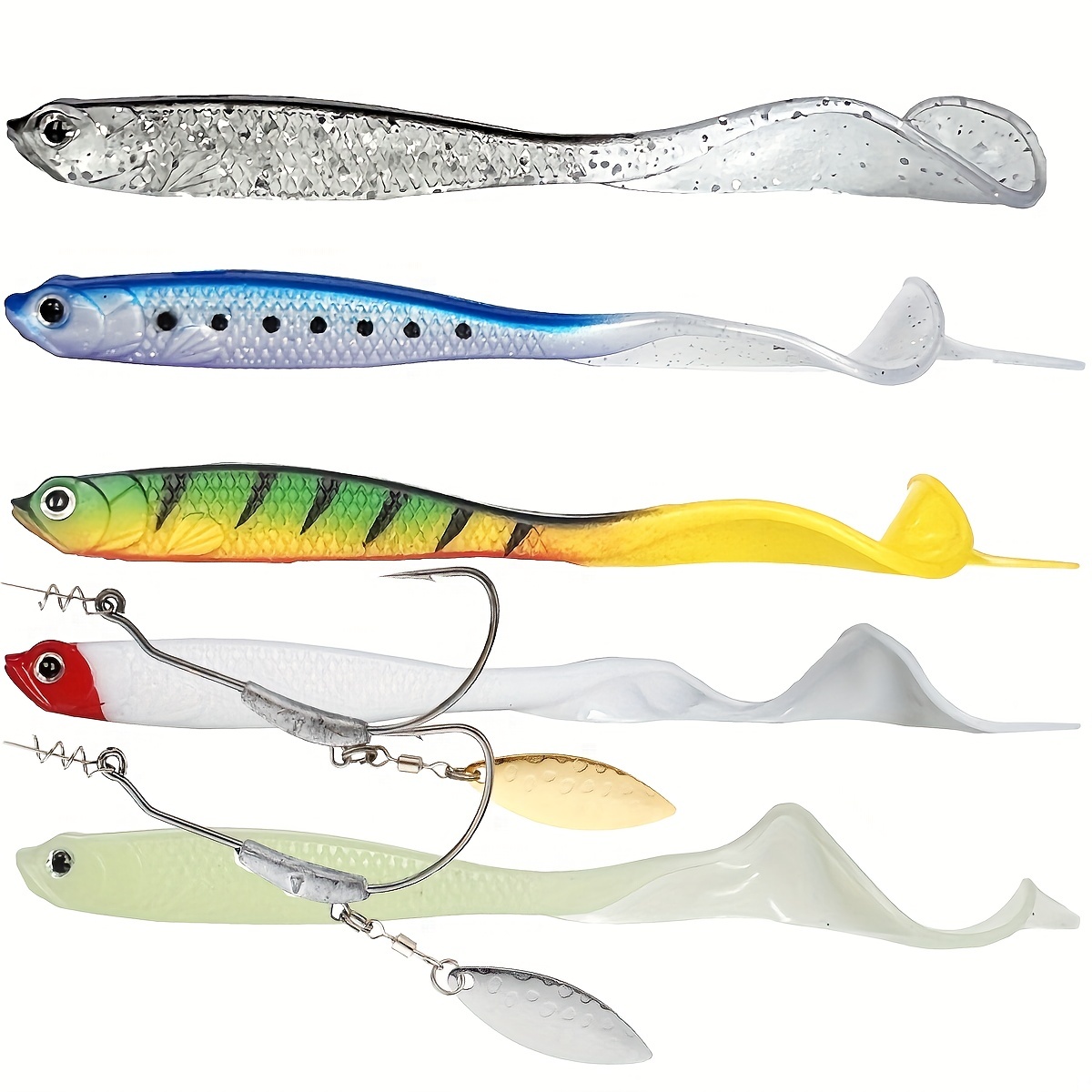 Soft Loach Fishing Lures, Hopping Swimbait, Enlarged Tail,  Shrimp Oil Smell, Glitter Chips Bionic Scale Strong Body, Freshwater  Saltwater, for Bass Snakehead Pike Trout, 5pc (Mix Colors 5 pcs (A)) 