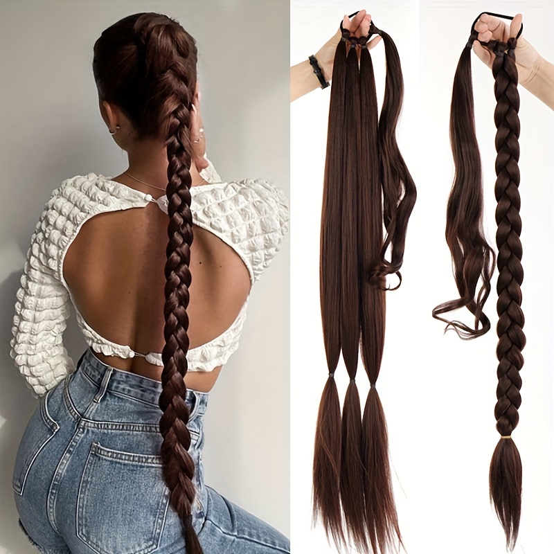76cm Y2K Straight Braided Ponytail Extensions Rubber Band Synthetic Hair
