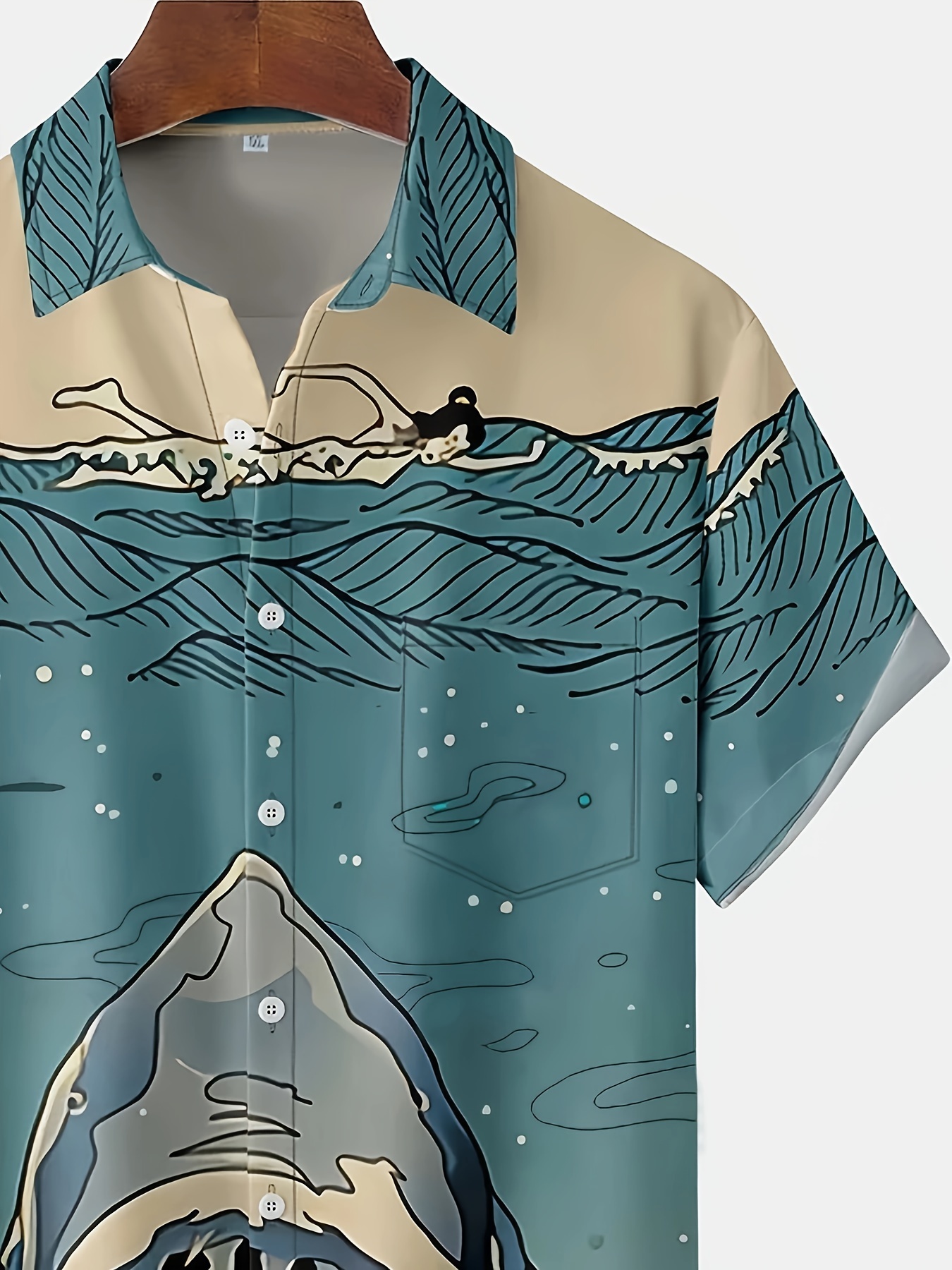 Animals Print Lapel Neck Short Sleeve Shirt, Men's Pocket Slight Stretch Vacation Summer Style Shark Print Casual Hawaiian Shirt Resort Gift For
