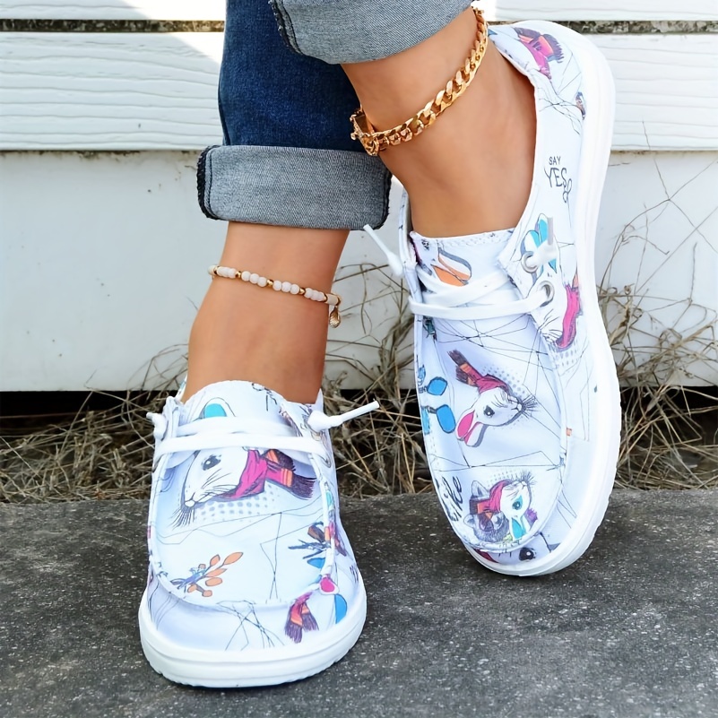 Women's Rabbit Print Loafers Lace Up Canvas Shoes