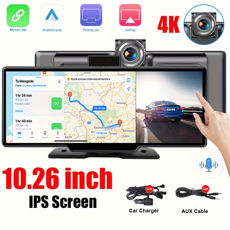  4K Display Portable Car Stereo Dash Cam with GPS ADAS Carplay  Android Auto Monitor 10.26 inch IPS Touch Screen Bluetooth WiFi Front and  Rear Camera 1440P Parking Monitoring Video Recording, FM