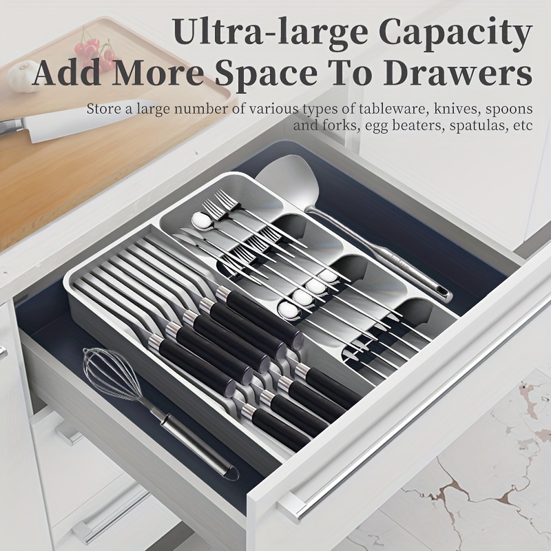 Organizador de cuchillos en cajón, soporte para cajones de cocina de 2  niveles con bandeja de almacenamiento expandible con capacidad para 11