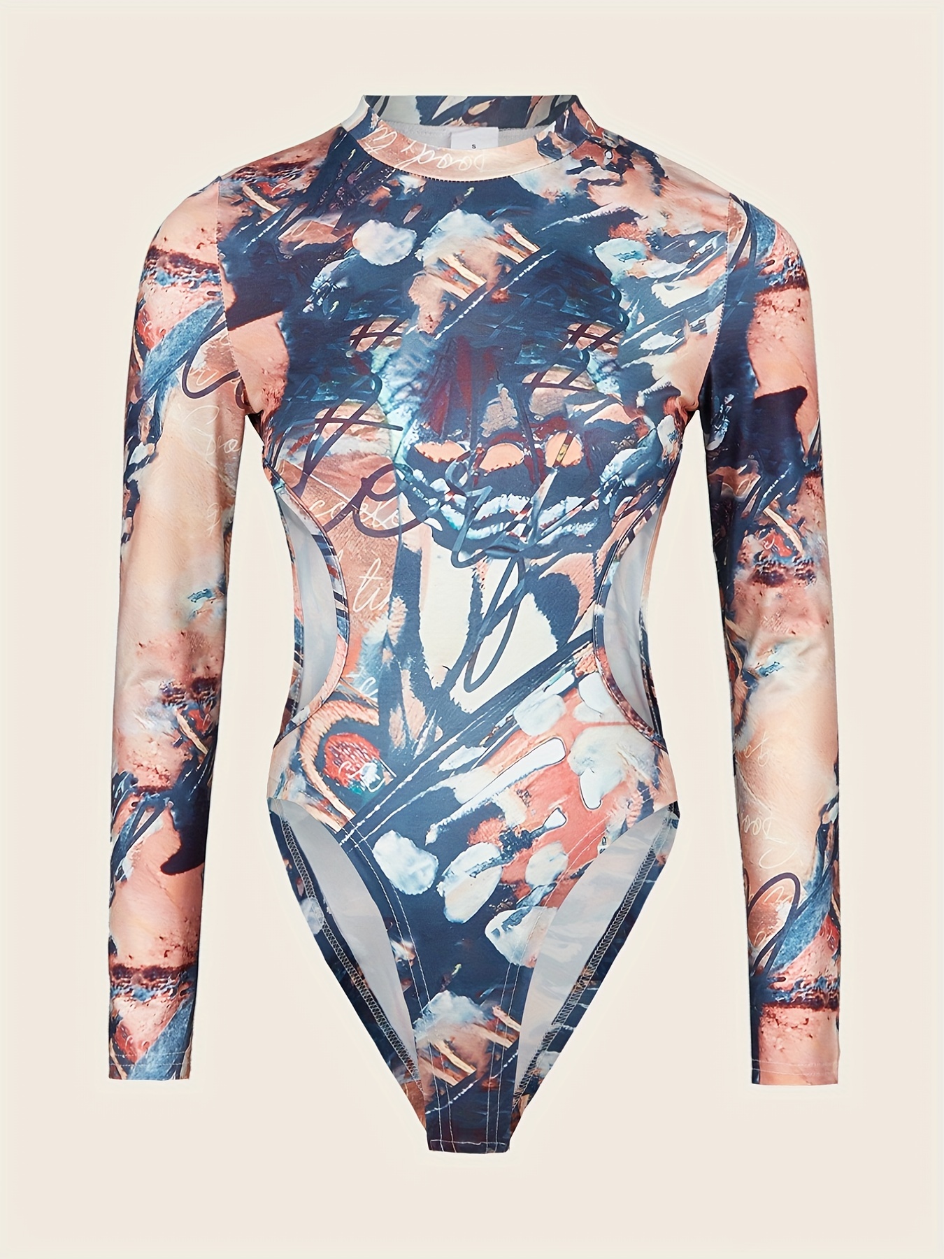 Floral Print Crew Neck Mesh Bodysuit Sexy Long Sleeve Slim - Temu