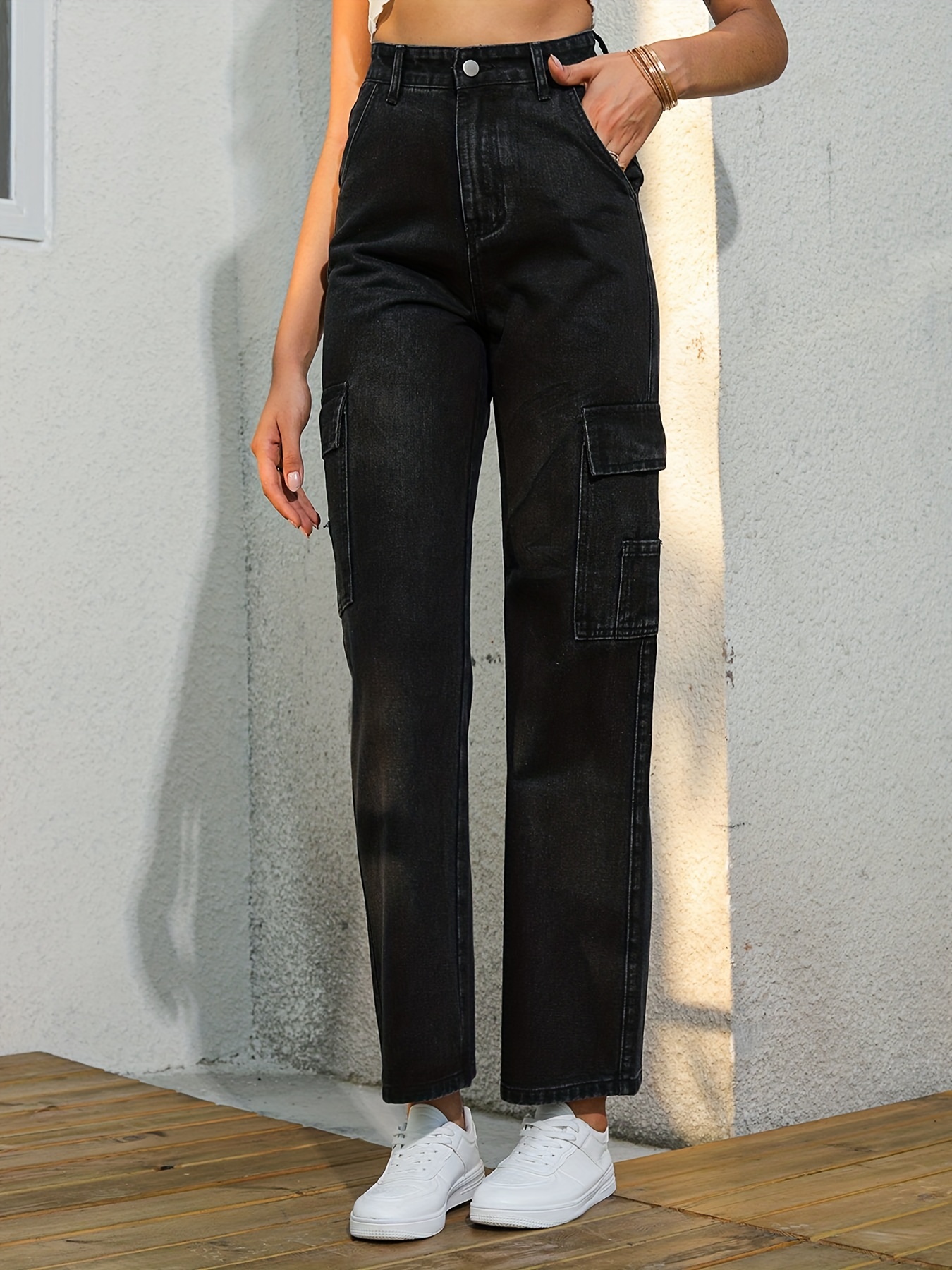 Side Flap Pocket Black High Denim Pants Solid Color - Temu Canada