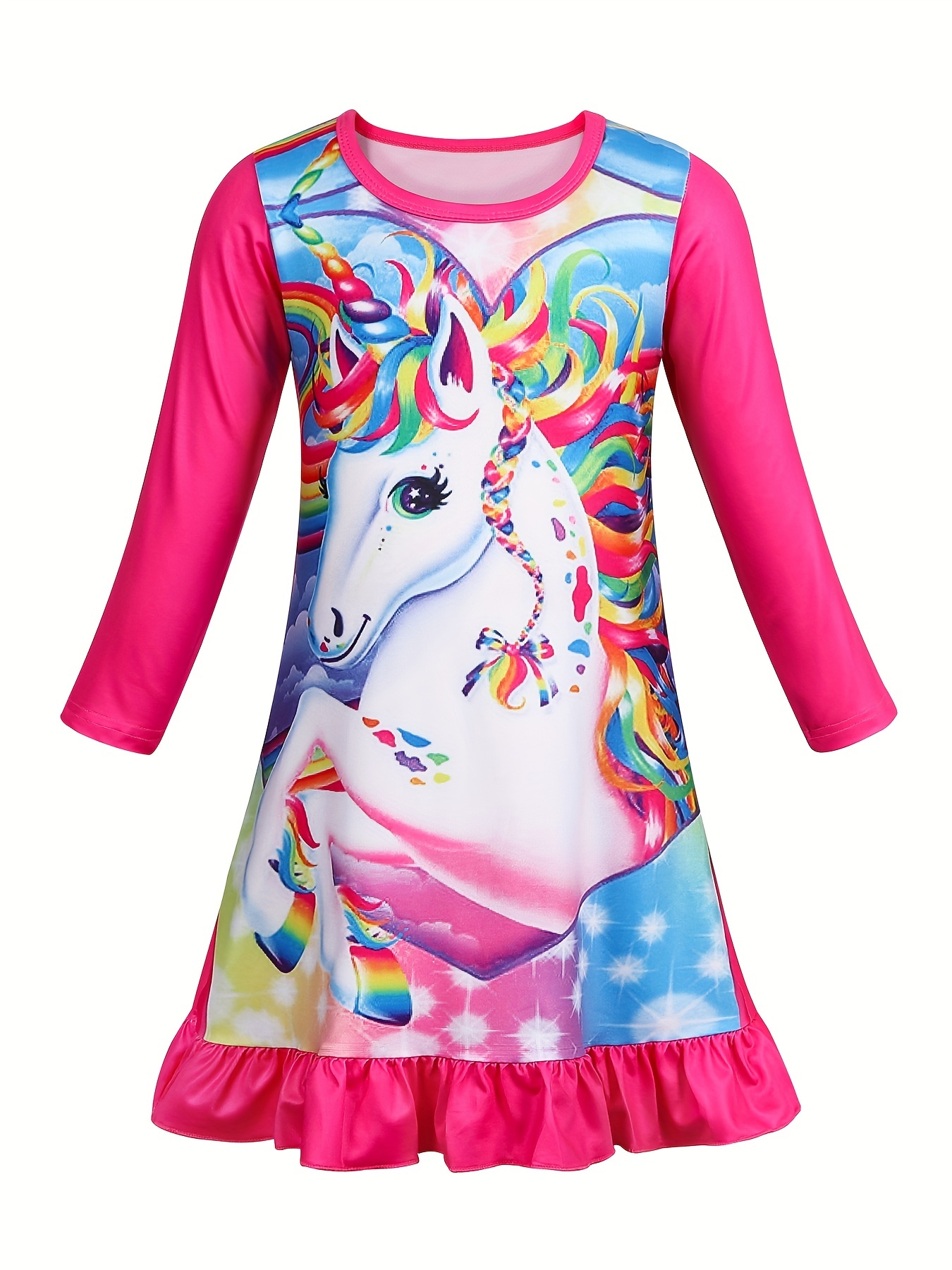 girls unicorn print nightdress kids short sleeve ruffle hem nightgowns sleepwear pajama dresses kids summer clothes details 15