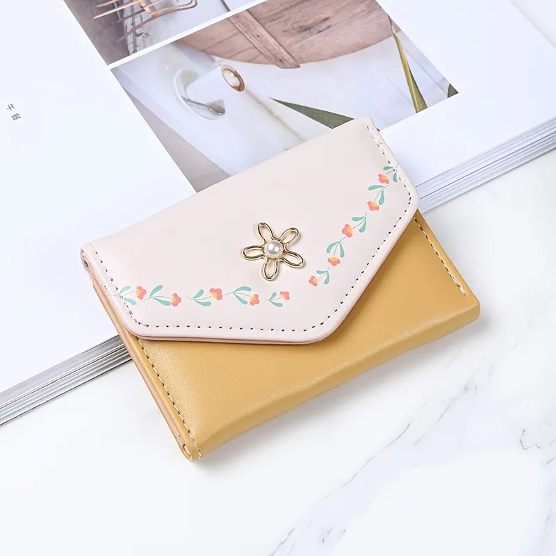 Floral Pattern Small Wallet, Cute Snap Button Faux Leather Wallet With Card  Slots & Id Window - Temu