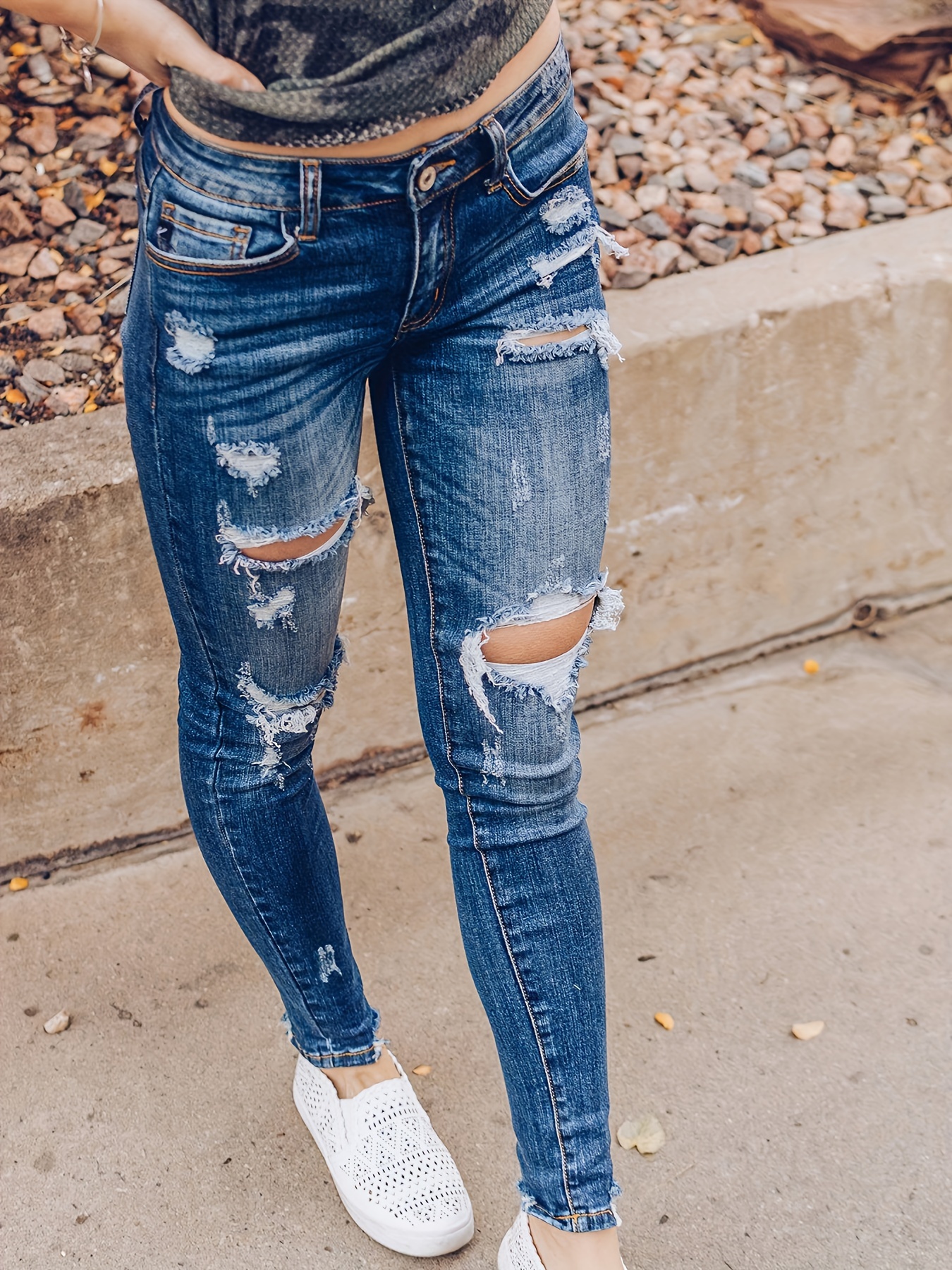 Jeans ajustados para mujer, pantalones de mezclilla elásticos desgastados  desgastados, jeans vintage