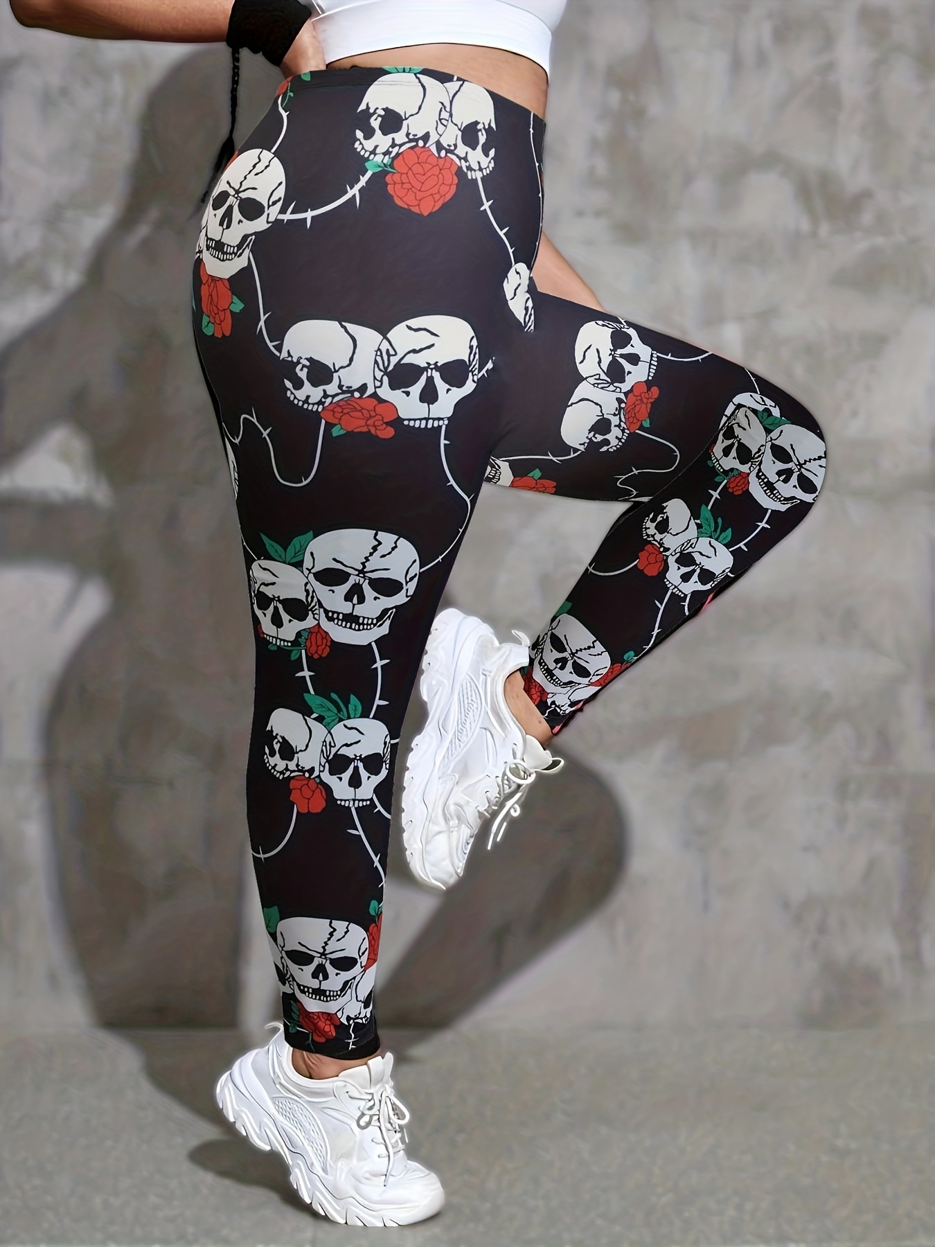 Plus Size Halloween Sports Leggings Women's Plus Rose Skull - Temu