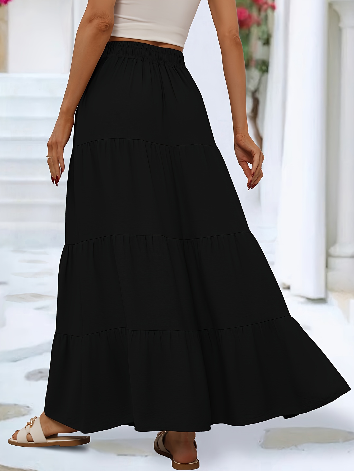  Solid Ruffle Hem Maxi Skirt - Casual High Waist Layered/Tiered  Skirt (Color : Black, Size : Medium) : Clothing, Shoes & Jewelry