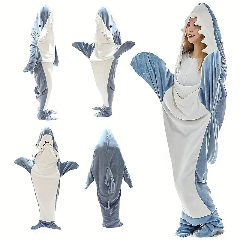 1pc shark loungewear pajamas multifunctional blanket thickened warm home wearable blanket cartoon shark sleeping bag details 0