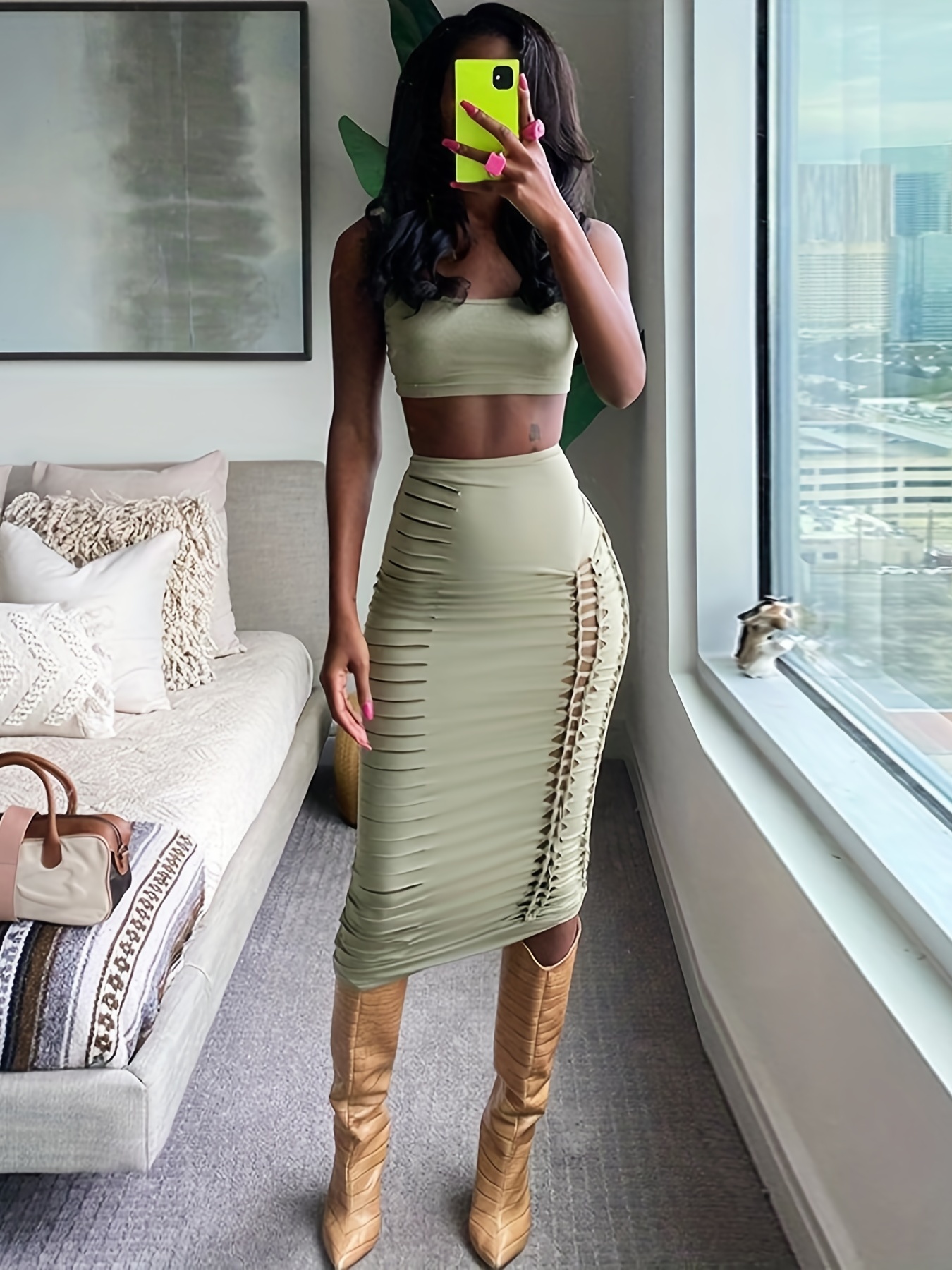 Solid Workout Two piece Set Loose Knee Length Skirts Slim - Temu