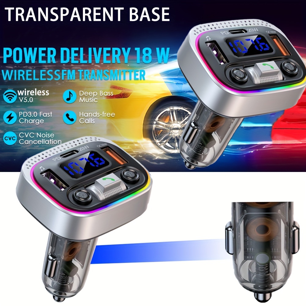 FM Transmitter for Car Bluetooth 5.0, QC3.0 & PD 18W USB C Car Charger, 9  RGB Backlit Car Bluetooth