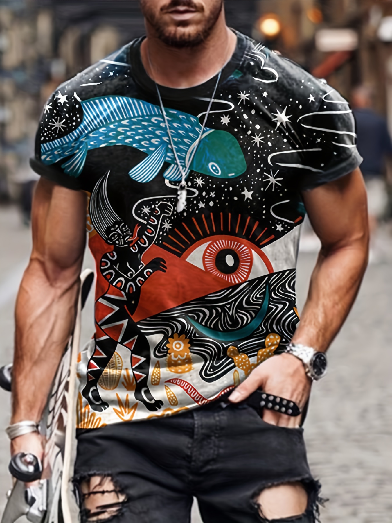 Discounts on Fish Eye Print Men's T shirt | Summer Casual Stretch Loose Novelty Tees