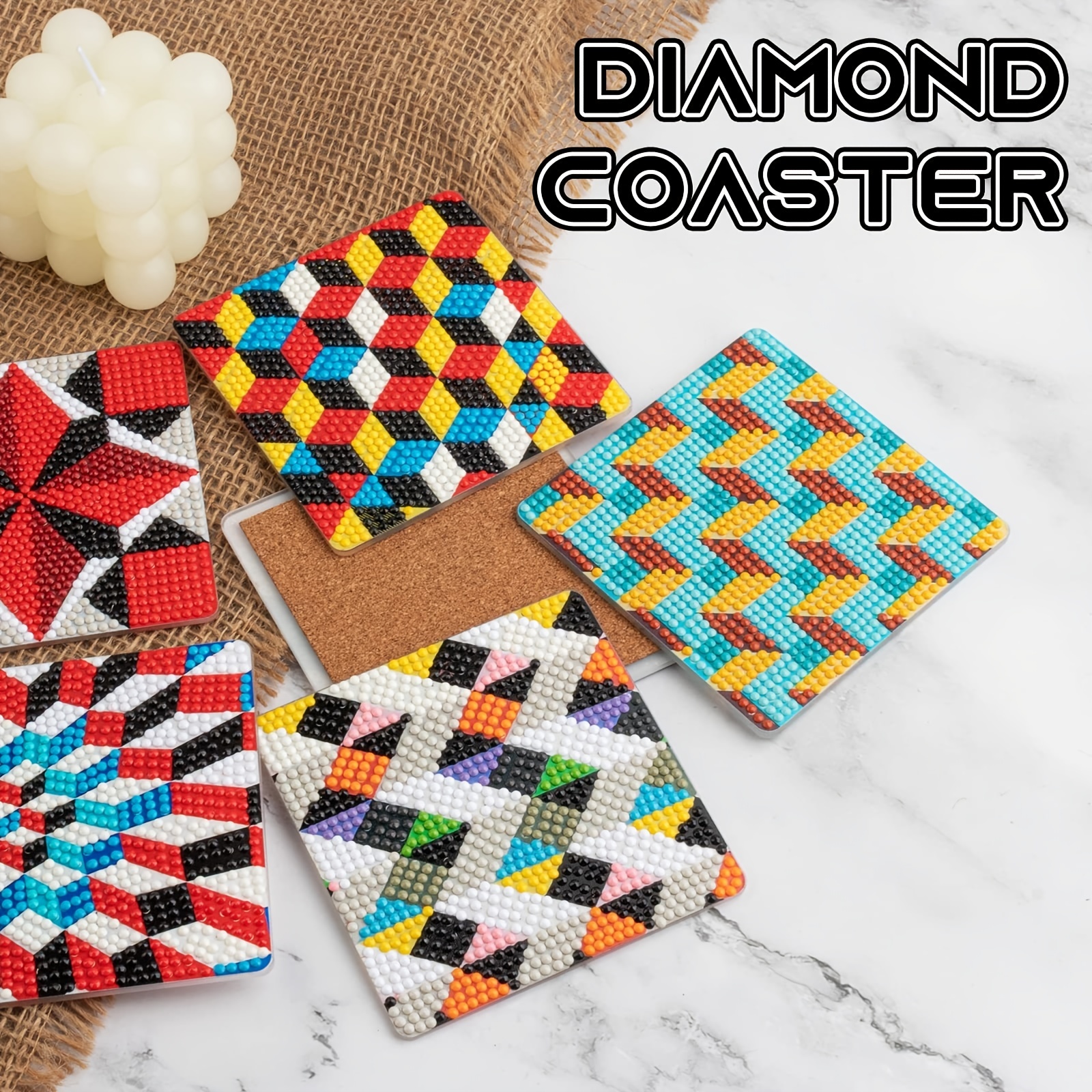 8 Pcs Diamond Painting Coasters with Holder, Square Diamond Art Coasters,  DIY Craft Kits for Adults, Small Diamond Art Coasters Kit for Kids Beginners