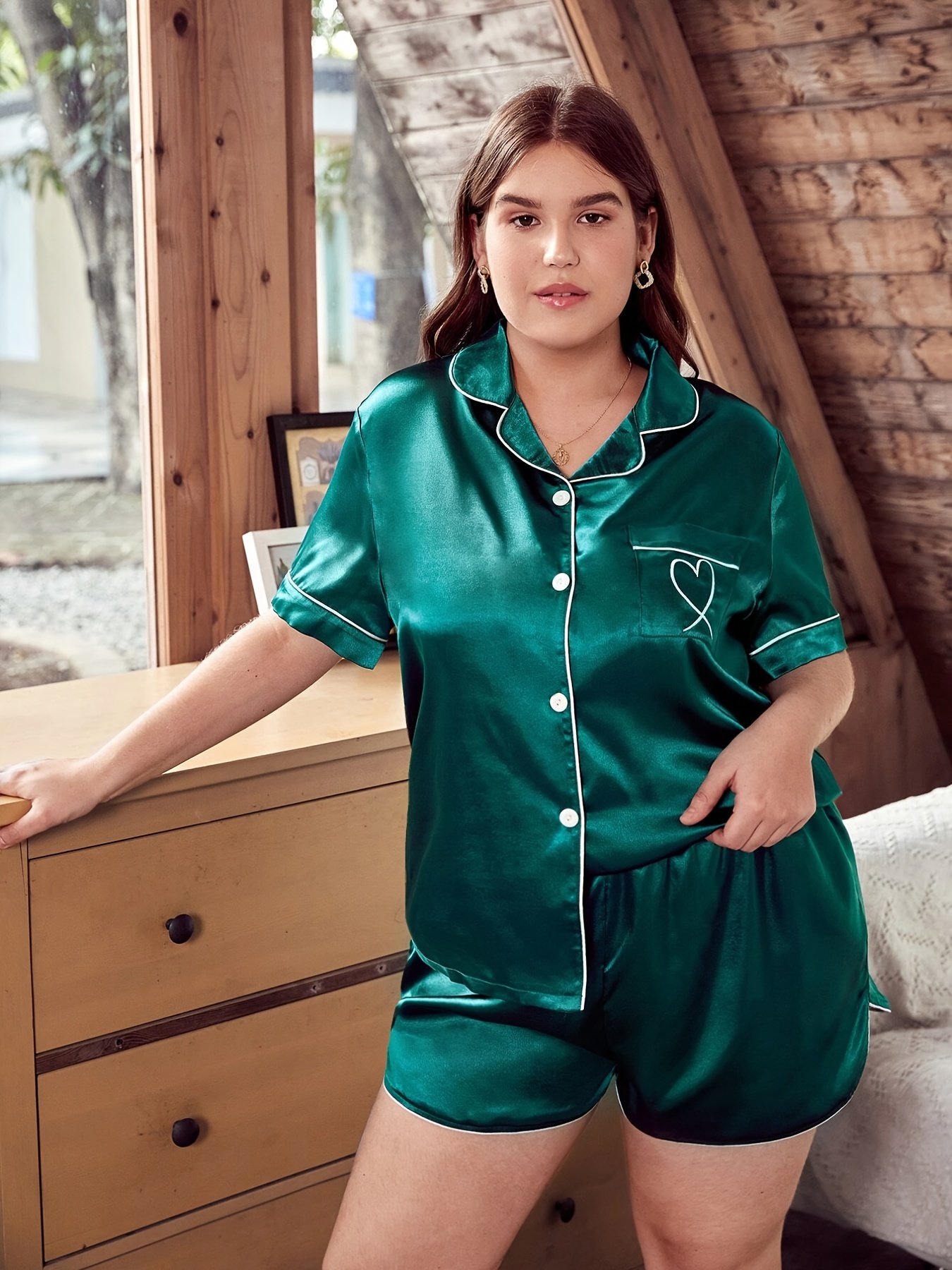 Plus Size Casual Pajama S Women's Plus Heart Embroidered - Temu