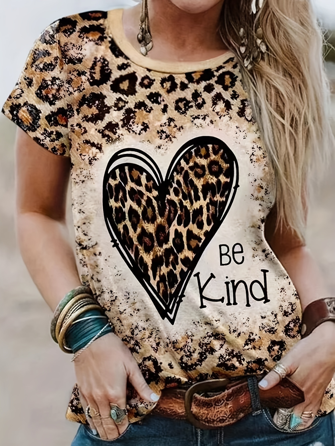 Plus Size Casual T-shirt, Women's Plus Tiger Print Short Sleeve