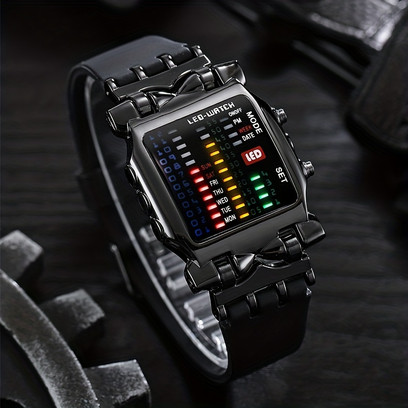 Binary Matrix Blue LED Digital Watch Mens Classic Creative Fashion Black  Plated Wrist Watches