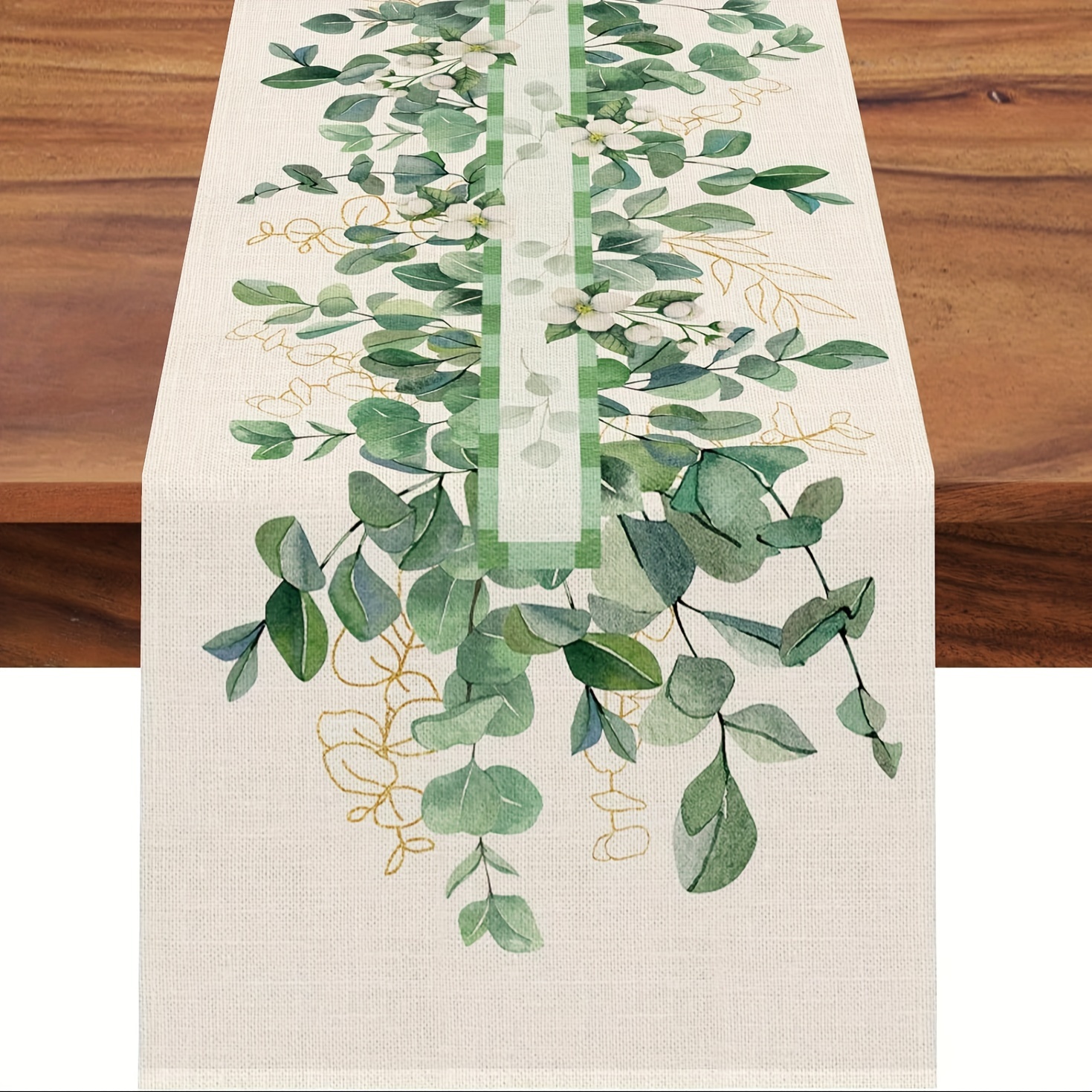 TEMU 1pc, Spring Eucalyptus Leaf Greenery Table Runner, Dogwood Flower Kitchen Dining Table Decor, Botanical Seasonal Summer Burlap Home Decoration