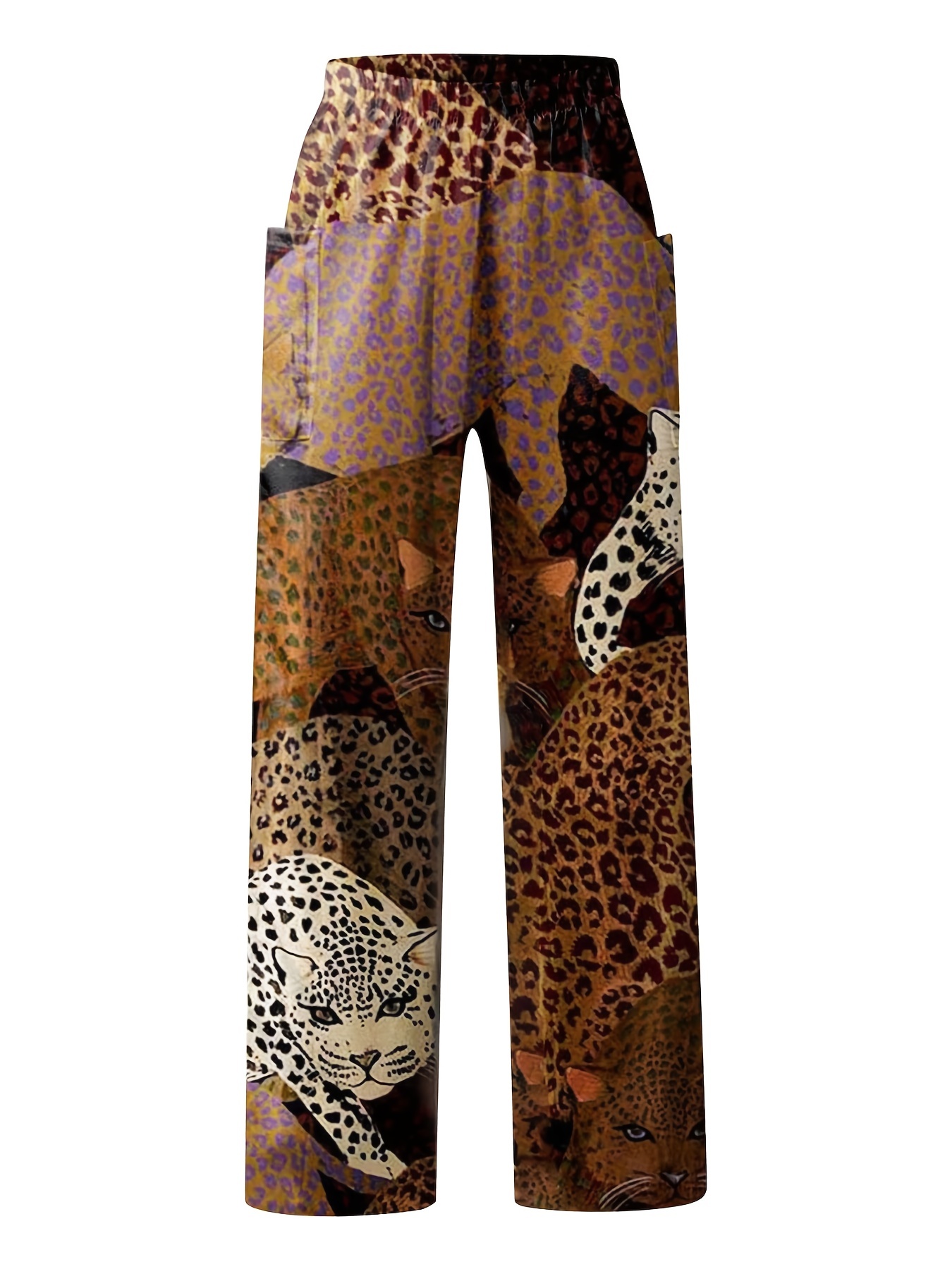 Plus Size Leopard Print High * Wide Leg Pants, Women's Plus Casual Non  Stretch Wide Leg Pants