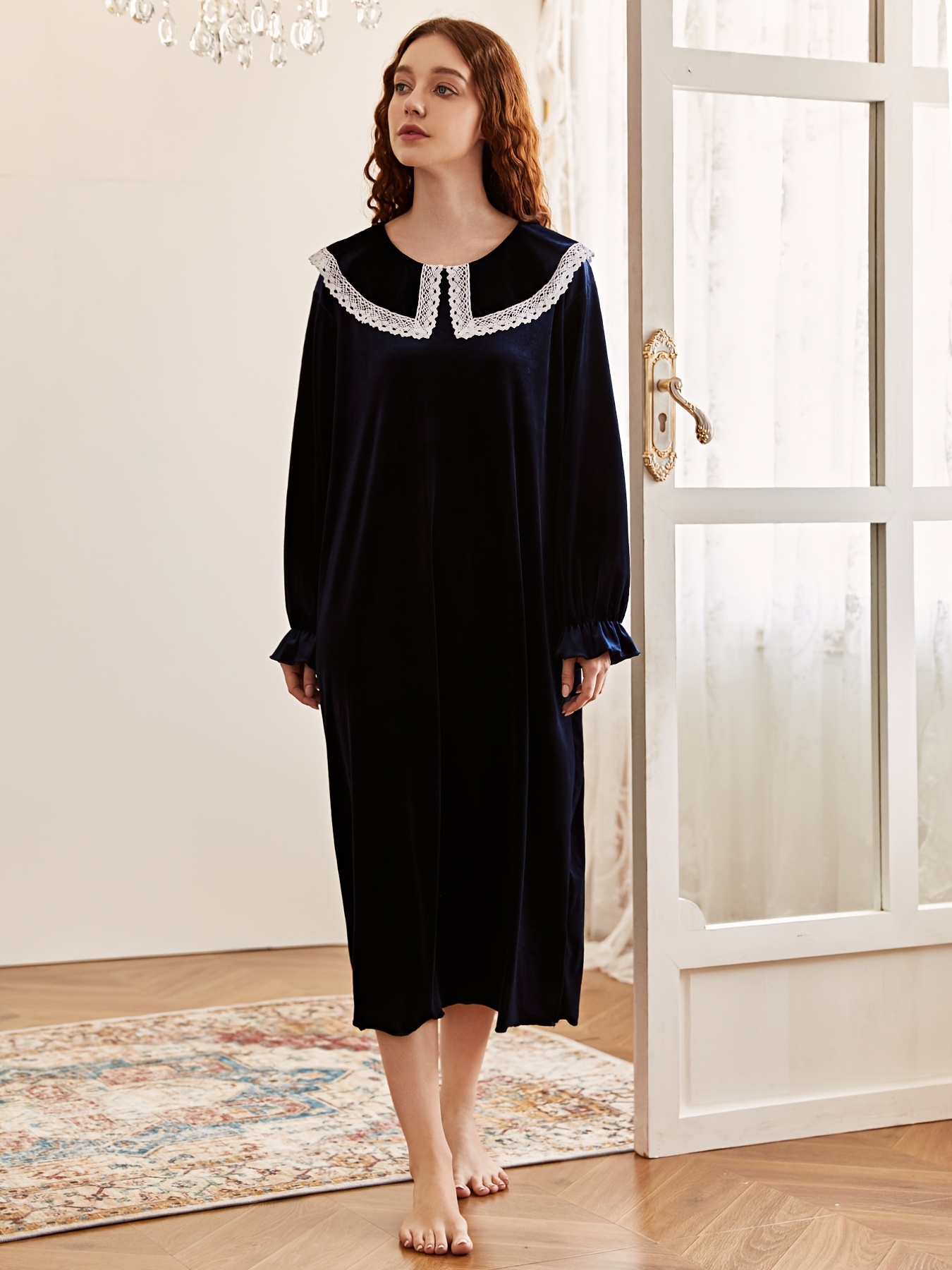 vintage velvet lace trim navy robe