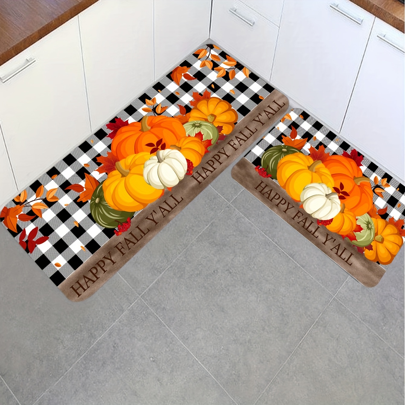 Tappetini Cucina Autunnali Antiscivolo 2 Pezzi – Morbidi Memory Foam 12mm Con Motivo Zucca – Arancione