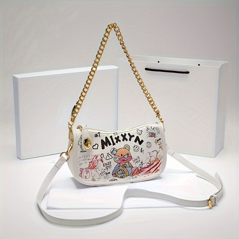 Women's Cartoon Graffiti Bear Printed Leather Shoulder Bag