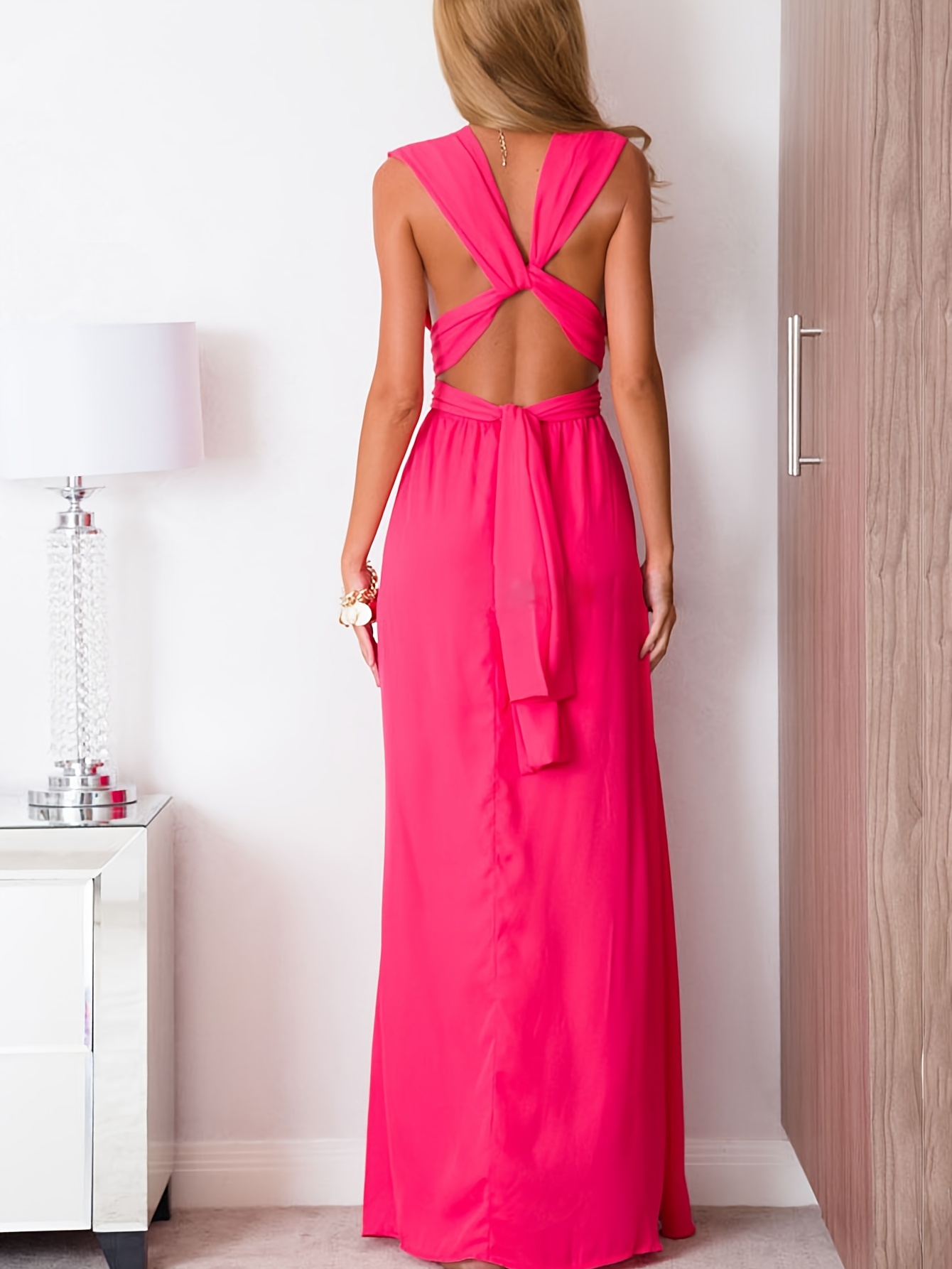 Fashion Backless Halter Pink Diamond Neck Sleeveless Wedding Long Prom  Dress Bridesmaid Party Maxi Women's Dress, Fashion Dresses