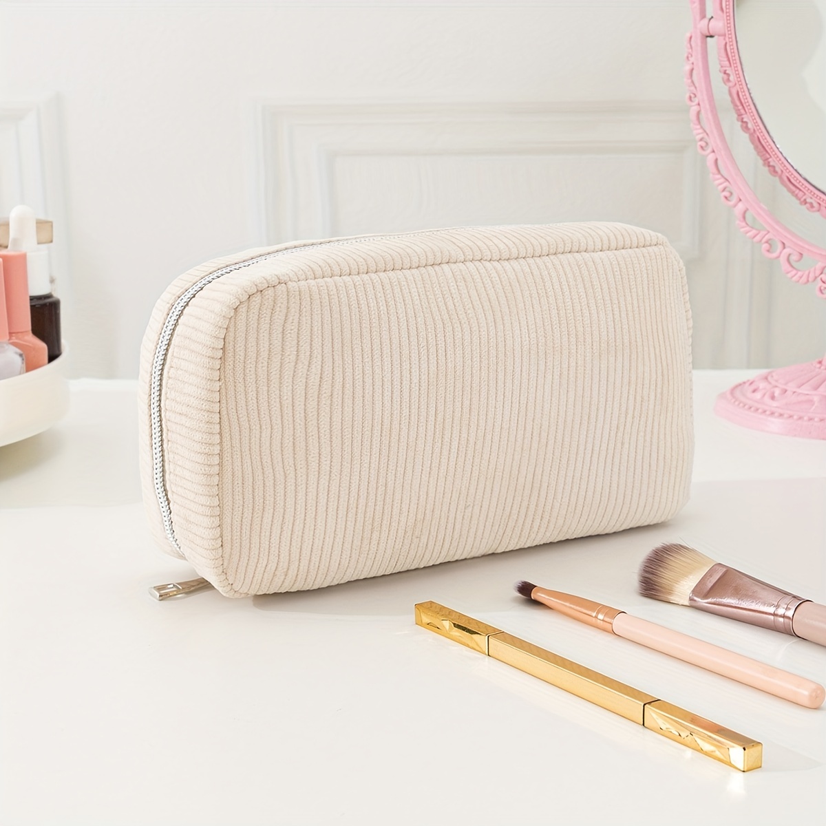 

Corduroy Cosmetic Bag With Silvery Zipper Simple Roomy Portable To Carry Multifunctional Toiletry Bag Suitable For Home Or Travel Storage