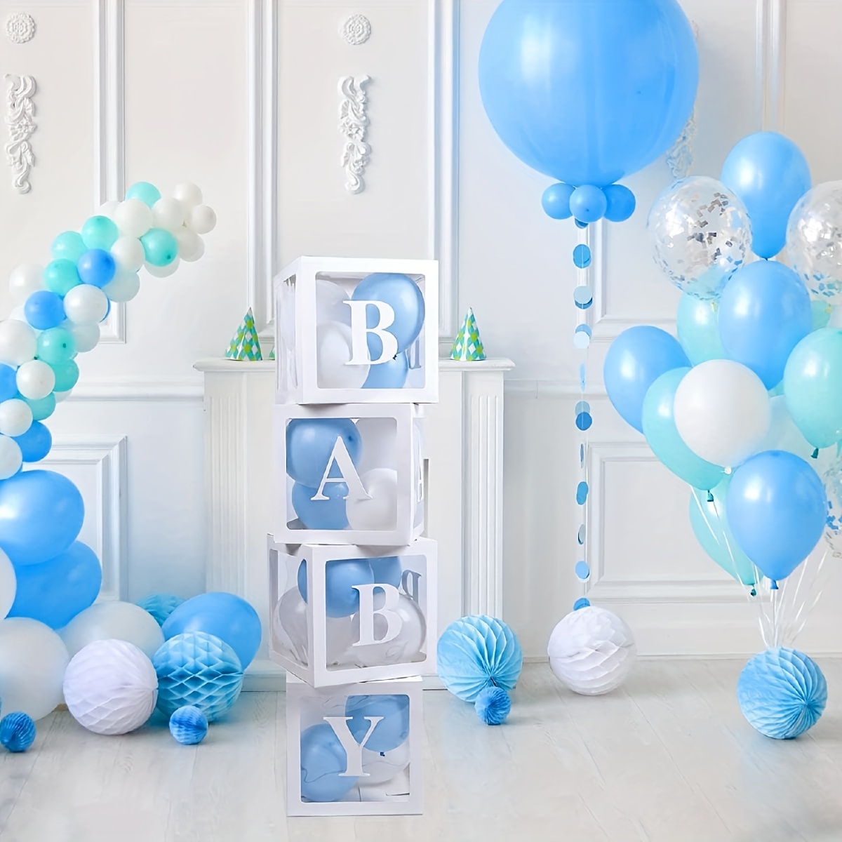  Decoraciones para fiesta de primer cumpleaños para niña, letras  individuales con tres cajas cuadradas transparentes blancas con 24 globos  decorativos para fiestas de cumpleaños de bebé de 1 año : Juguetes