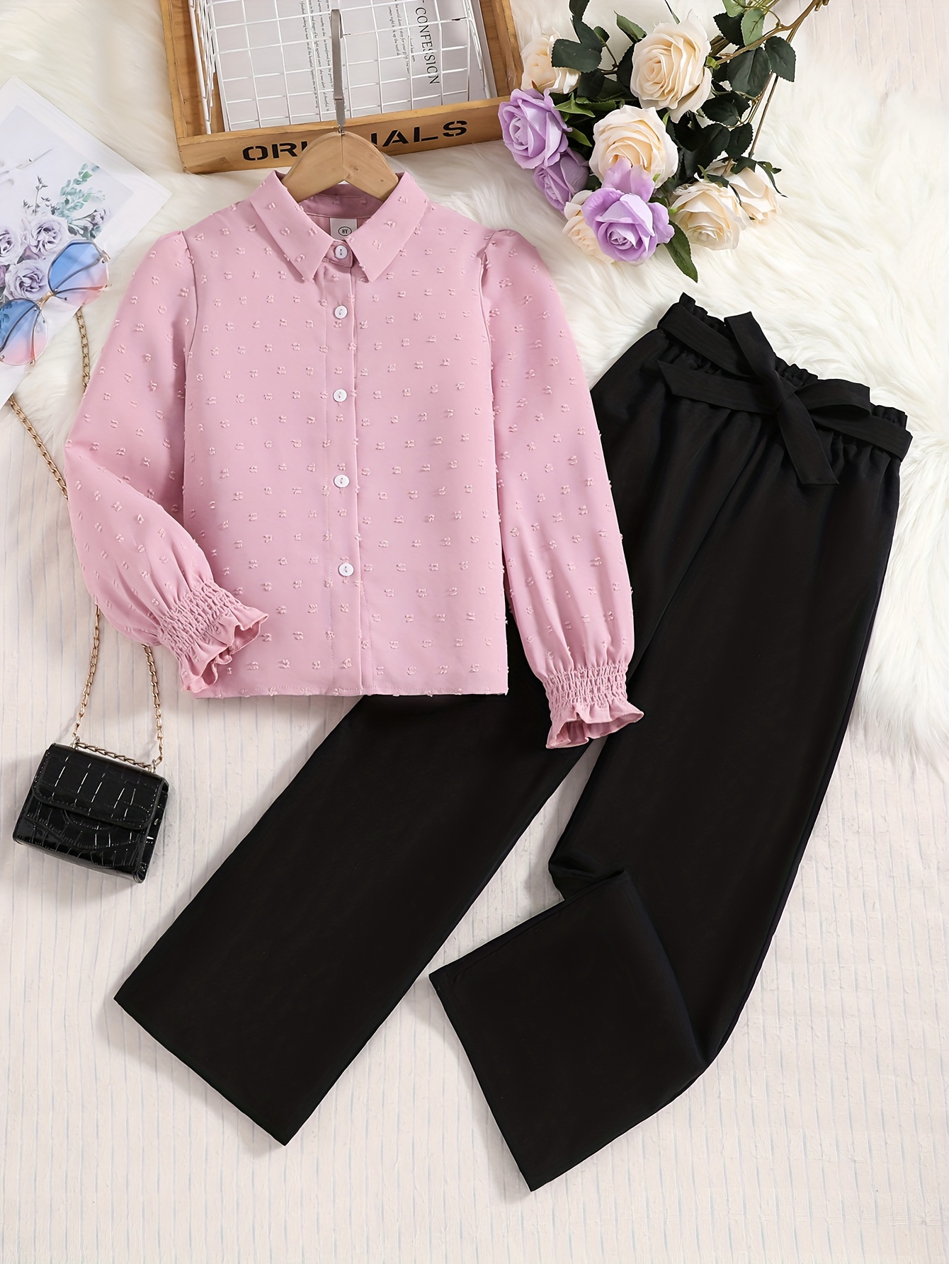 Girls Cute Casual Elegant Shirt Dress Belt Leggings Set - Temu