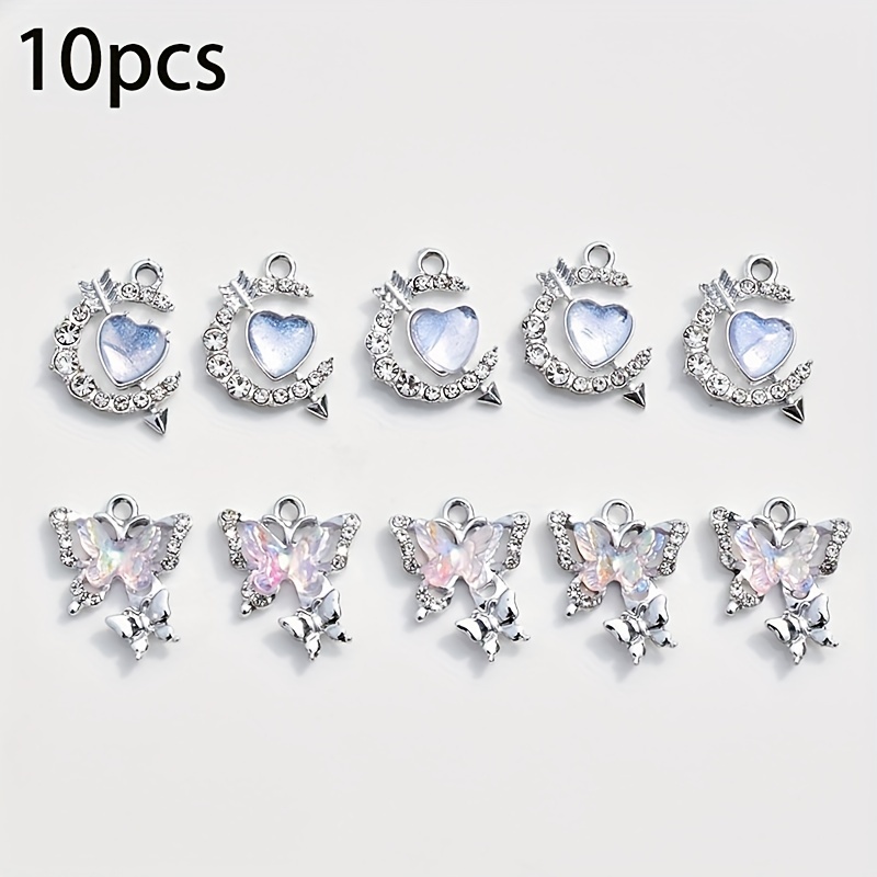 

10pcs Silver Color Heart Butterfly Crystal Pendant Alloy Pendant With Colorful Rhinestone Inlaid For Diy Bracelet Necklace Key Case Bag Costume Jewelry Ornament Accessories