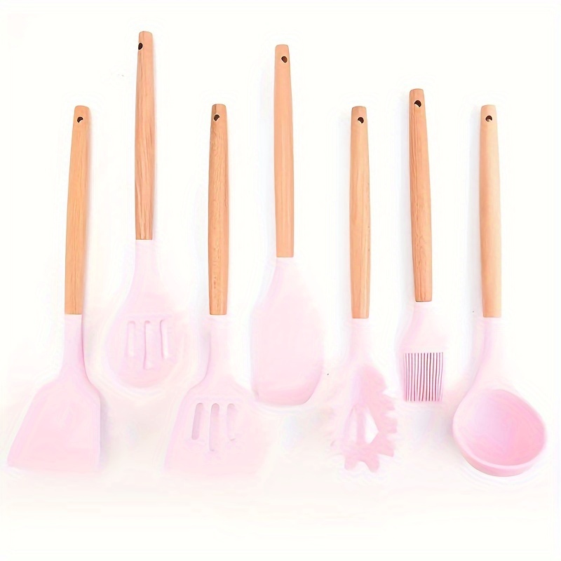 Silicone Cooking Utensils Kitchen Utensil Set, Wooden Handle Nontoxic Bpa  Free Silicone Spoon Spatula Turner Tongs Kitchen Gadgets Utensil Set For  Nonstick Cookware With Holder, School Supplies, Back To School, Dorm  Essentials 