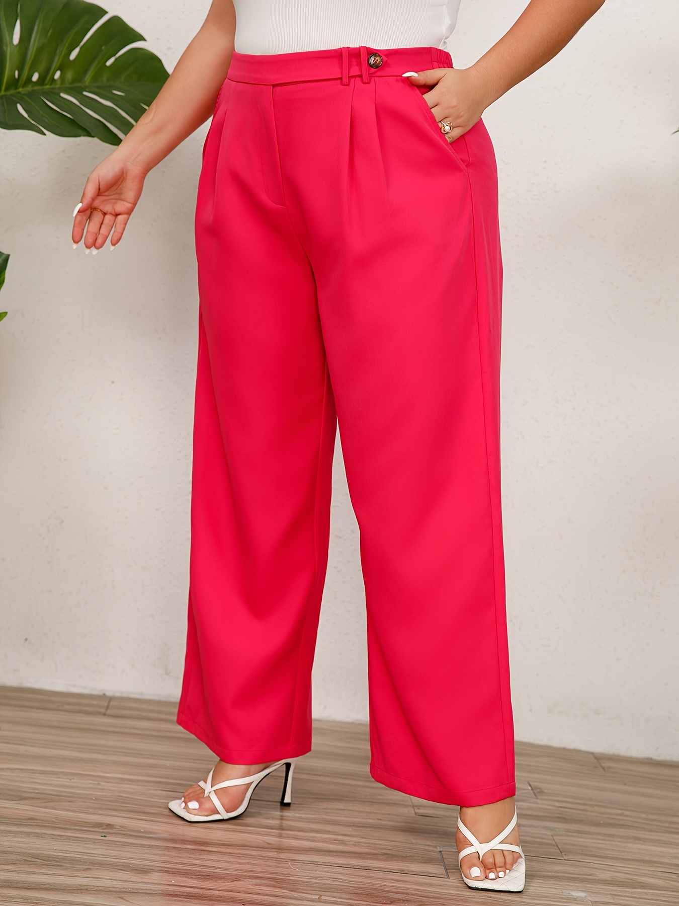 Plus Size Casual Pants Women's Plus Solid Elastic High Rise - Temu Germany