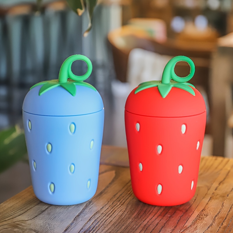 Cute Strawberry Glass Water Cup with Straw and Lid Portable Heat