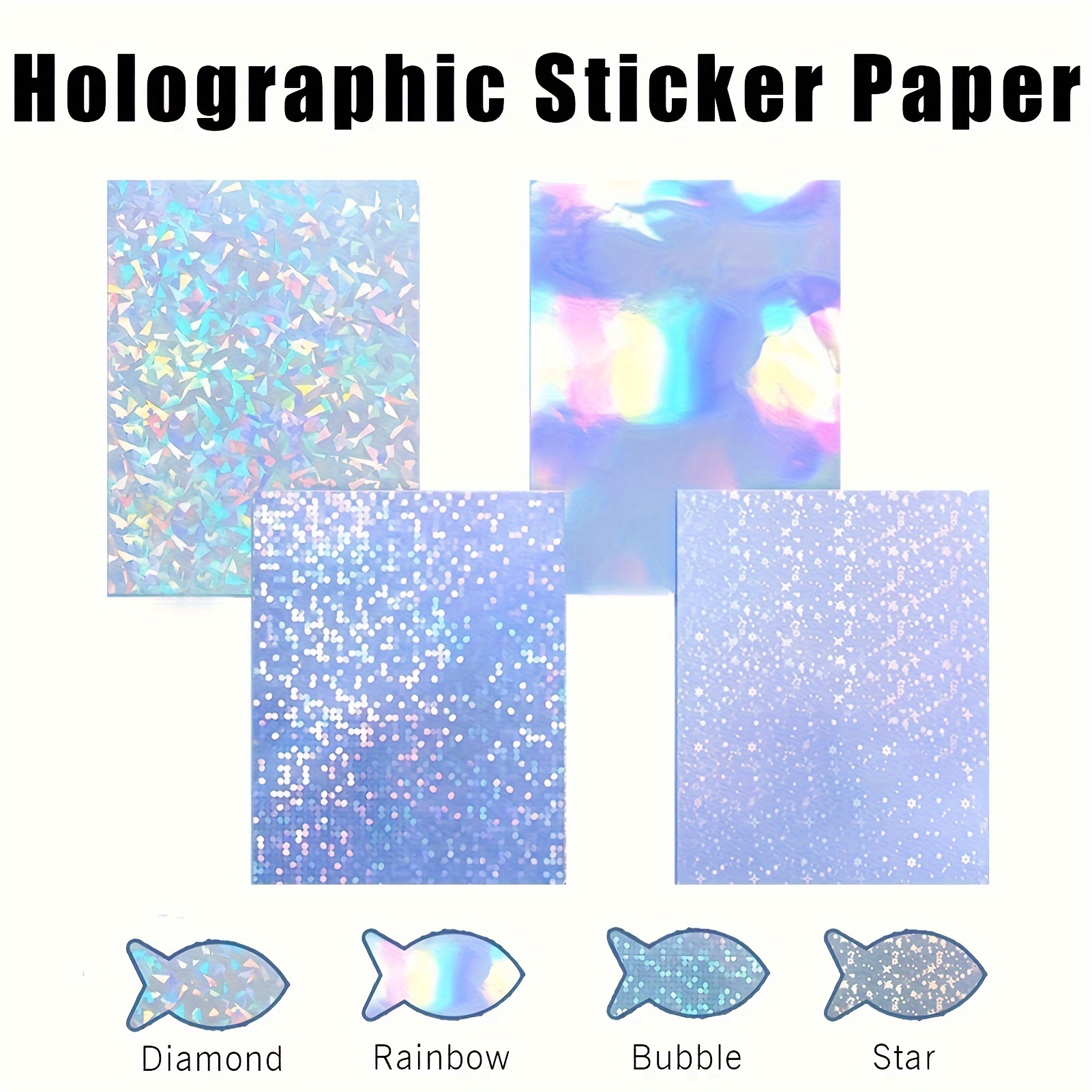 72 hojas de papel adhesivo holográfico, película laminada de vinilo  holográfico transparente A4, papel autoadhesivo impermeable, 11.7 x 8.3  pulgadas