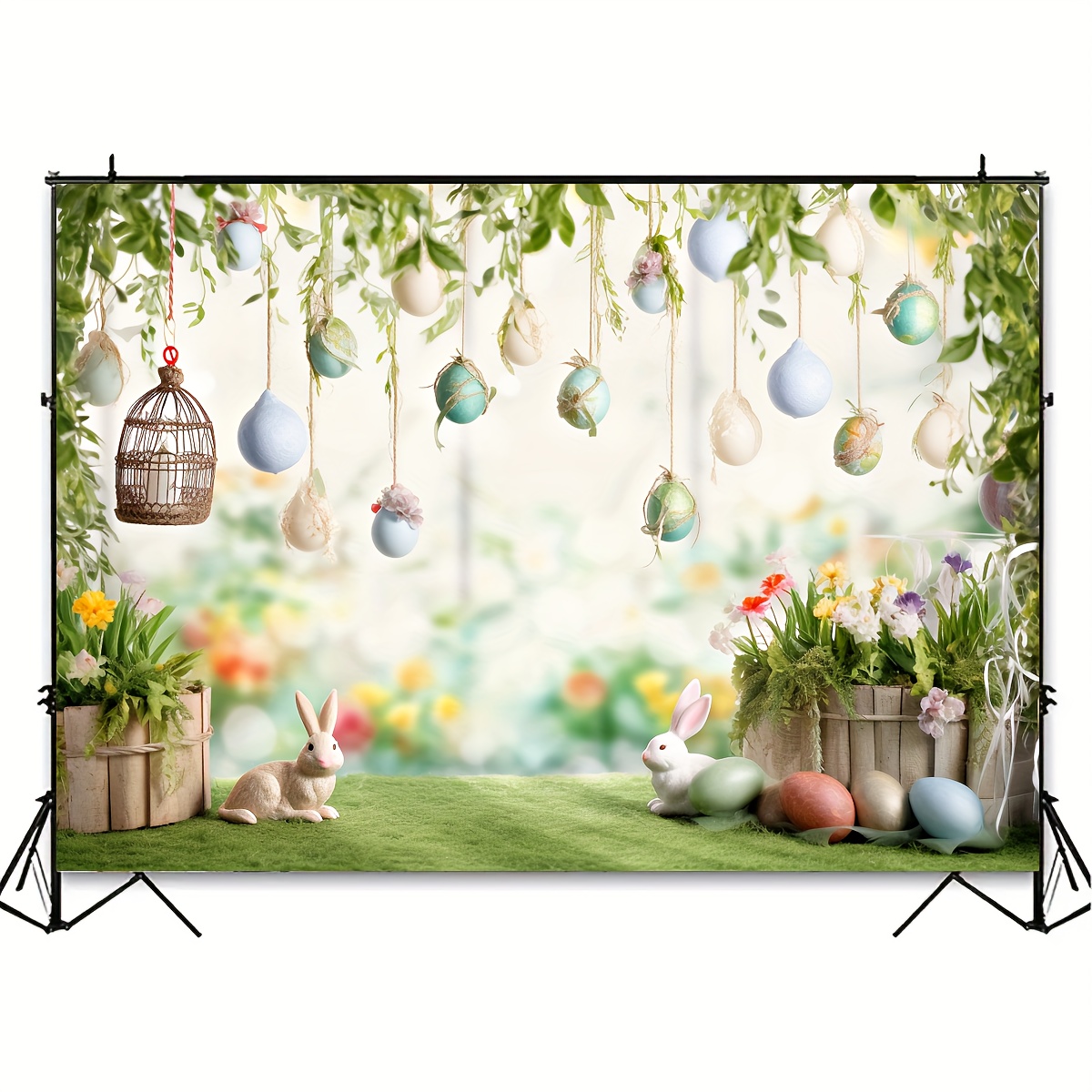 1pc spring garden background easter photography backdrop easter rabbit colorful egg fence flag background spring easter floral bokeh photo studio booth banner decorations