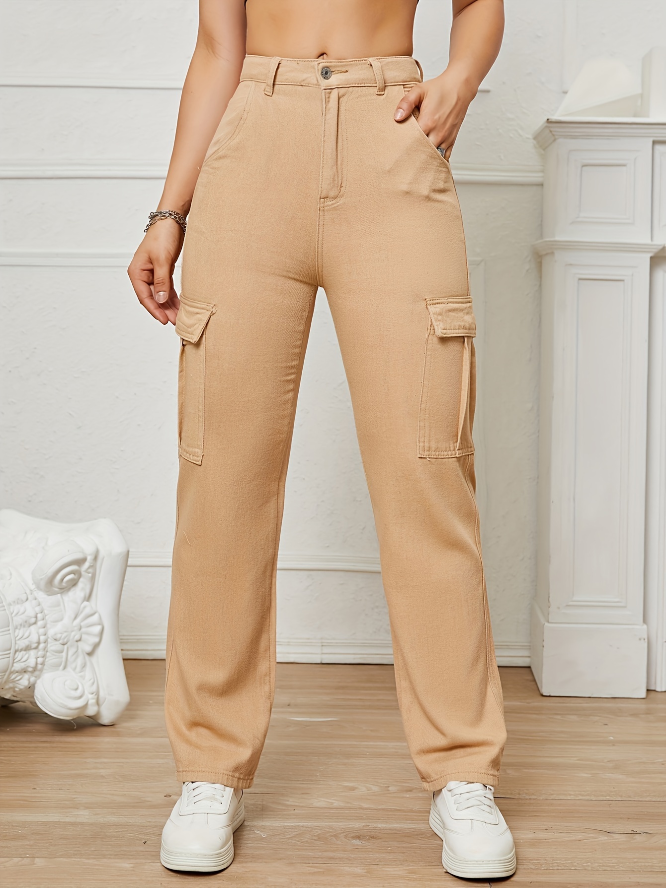 Pantalones de mezclilla para mujer, pierna ancha, rectos, estilo cargo,  casuales, con bolsillo, color marrón