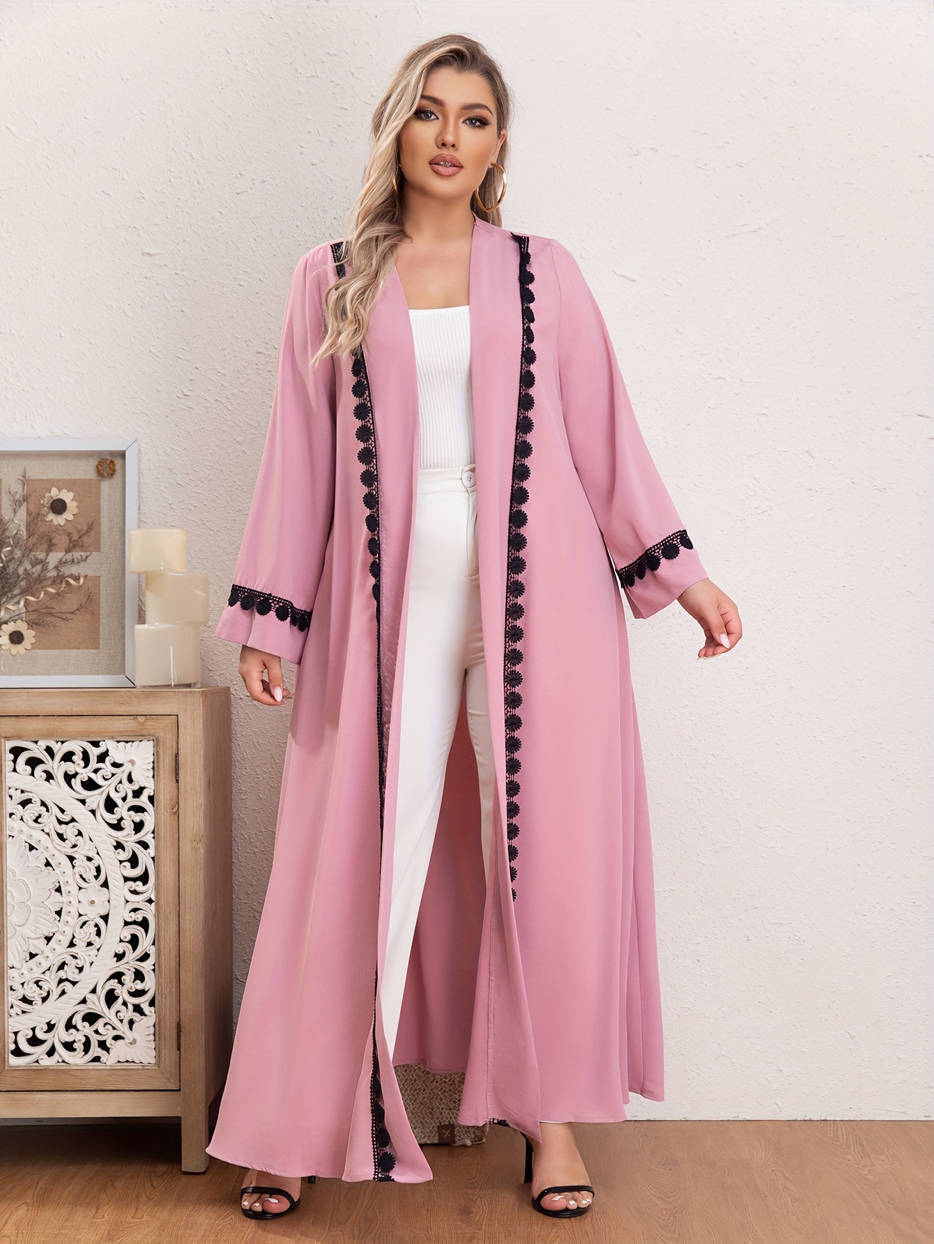 Boho Abaya Robe Contrast Lace Long Sleeve Open Front Dress