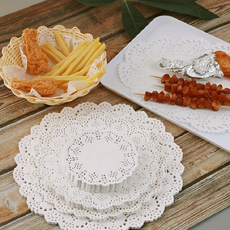 150-Pack Round Paper Placemats for Tableware Decoration, Party, Wedding,  White Lace Paper Doilies, Bulk Disposable Charger Plates for Cakes, and  Desserts (6.5, 8.5, and 10.5 Inch)