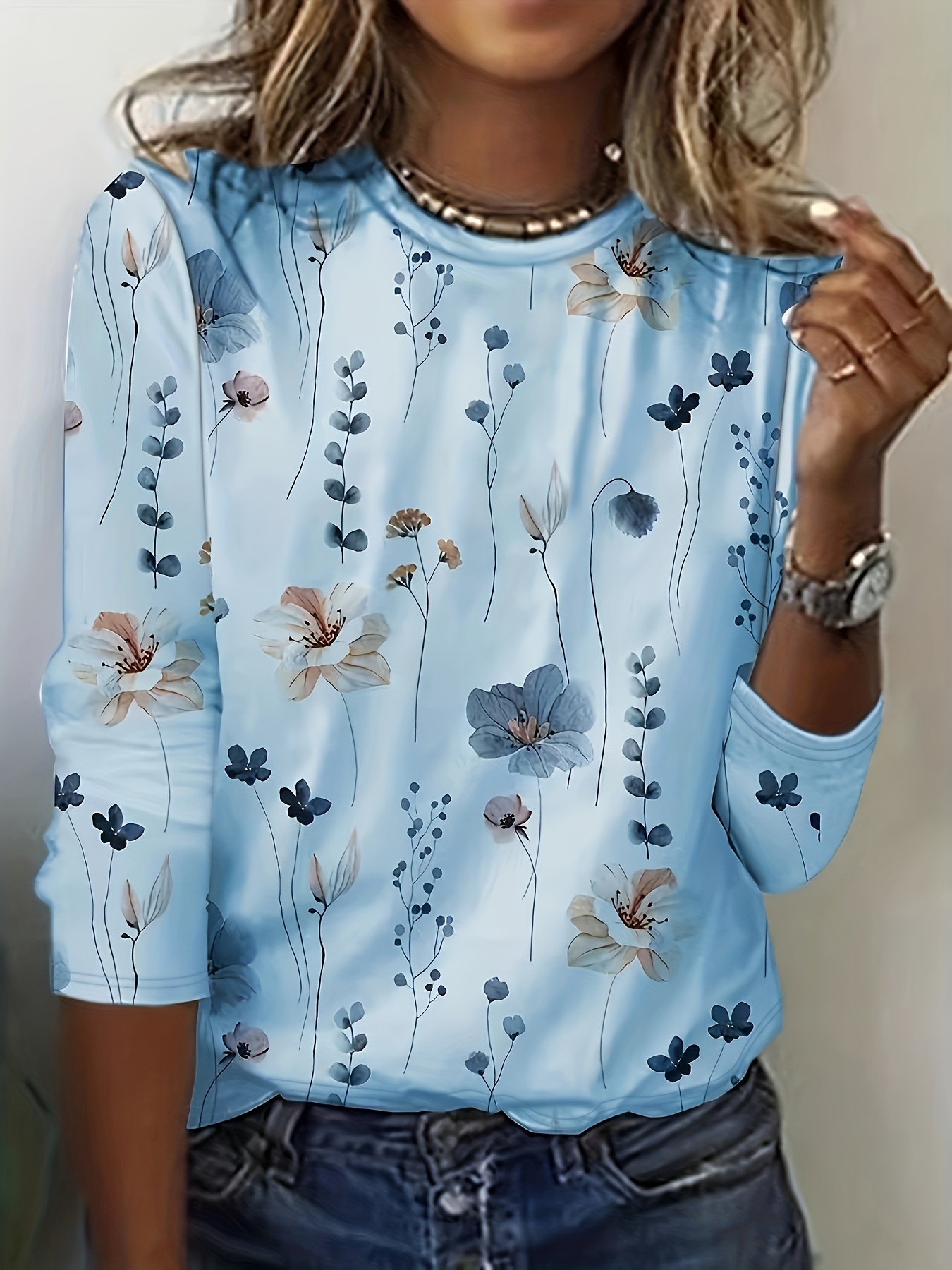 Majica s okruglim izrezom s cvjetnim printom, ležerna majica s dugim rukavima za proljeće i jesen, ženska odjeća