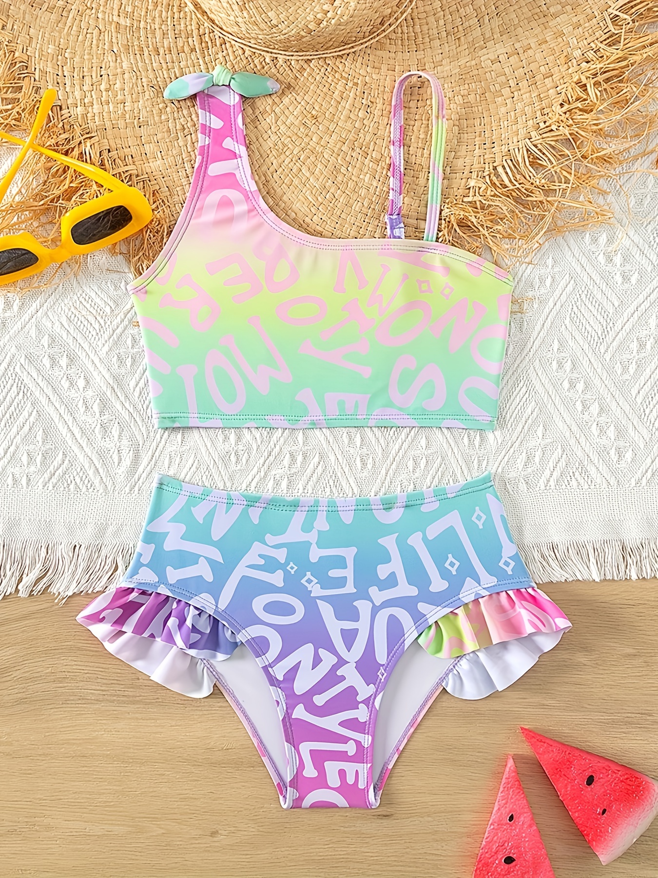 Girl's Color Gradient Bikini Set 2pcs, Letter Allover Print Stretchy  Bathing Suit, Kid's Swimsuit For Summer Beach Vacation