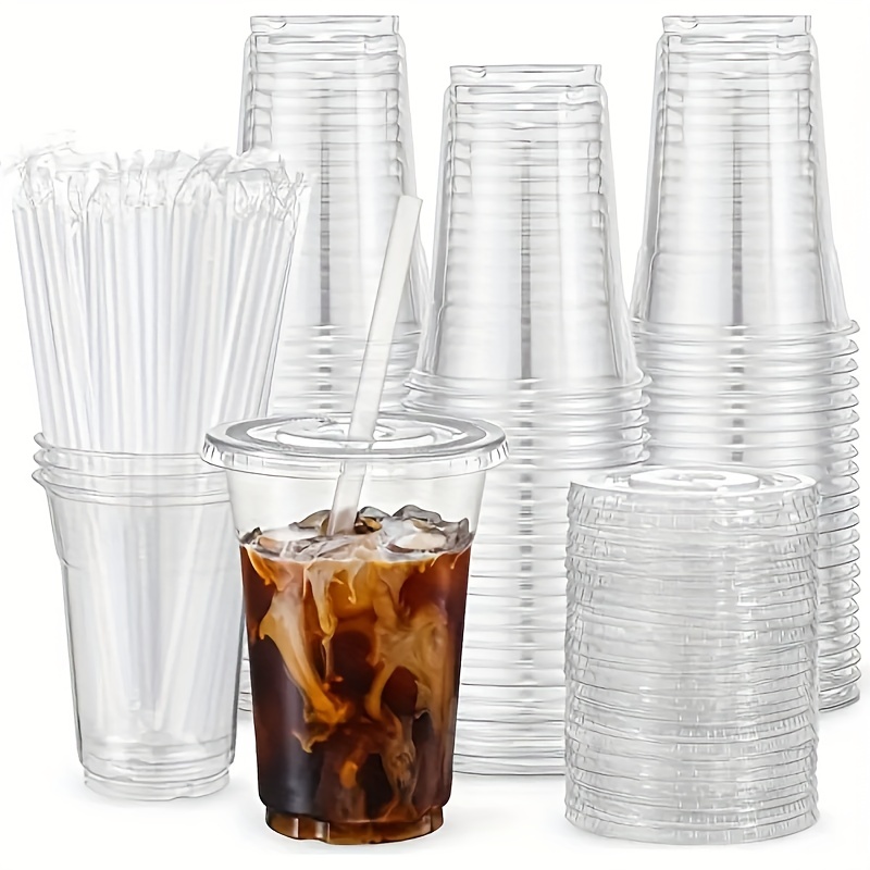 16 oz Disposable Clear Plastic to go Cups with Lids and Straws For Ice  Coffee,Bubble