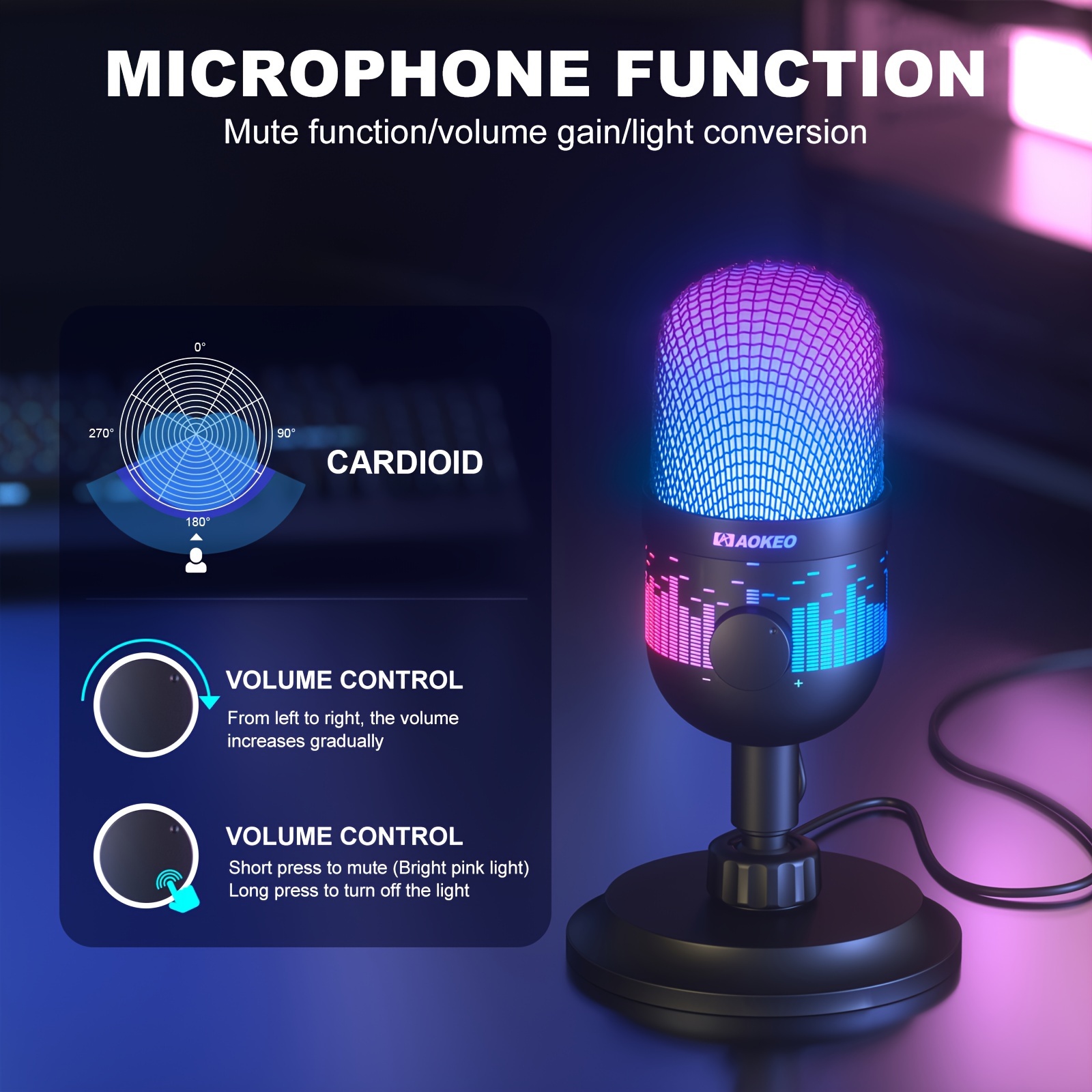 NJSJ Micrófono USB para PC, micrófono de juegos para PS4/PS5/Mac/teléfono,  micrófono de condensador con silencio táctil, iluminación RGB, perilla de