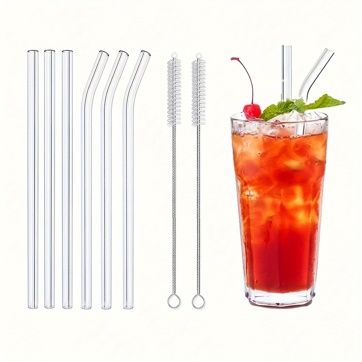 Piteno® 16-Pack Reusable Glass Straws, Clear Glass Drinking Straws,  8.5''x10MM, Set of 6 Straight and 6 Bent with 4 Cleaning Brushes, Perfect  for